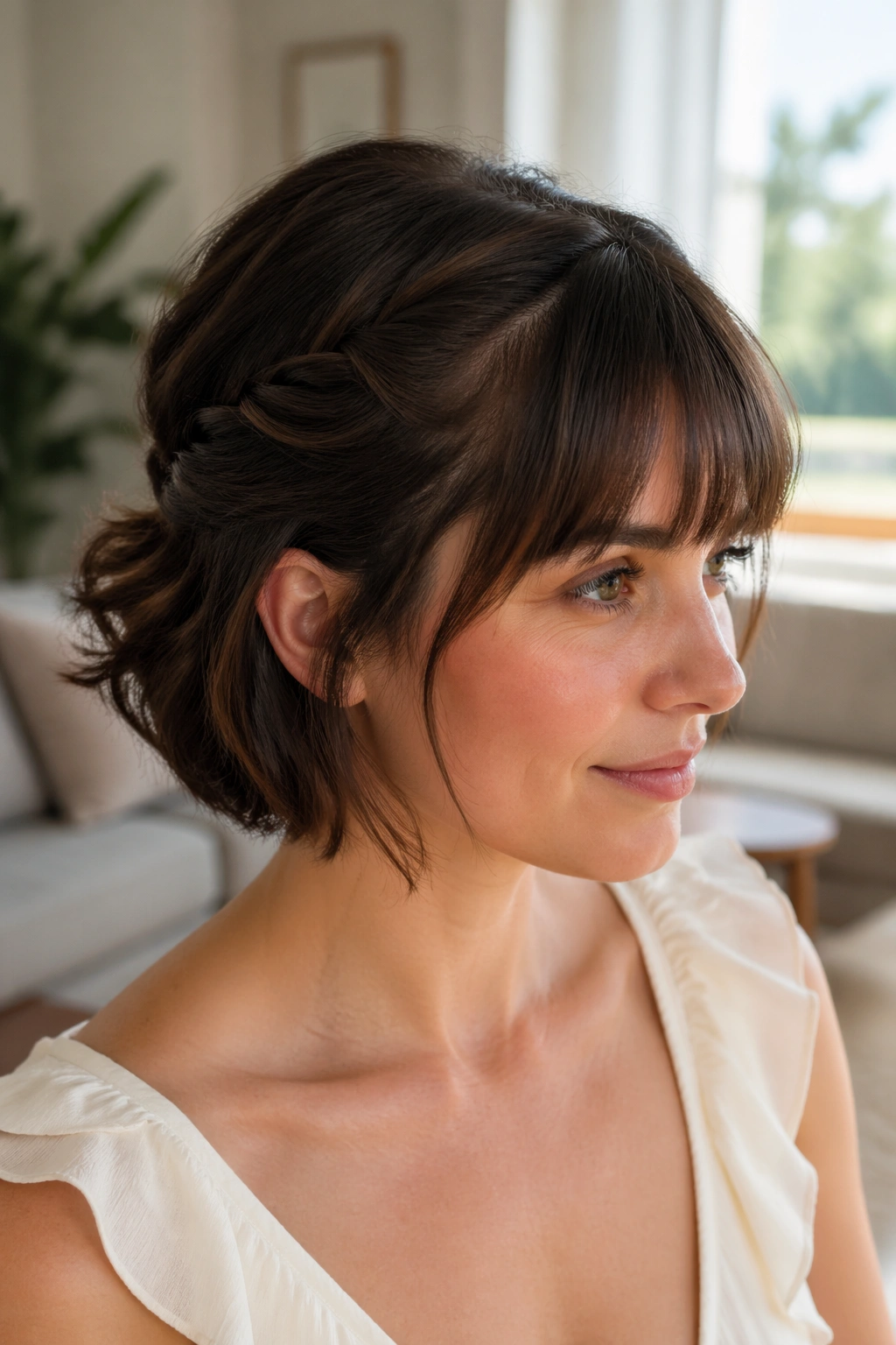 Portrait of a real woman with a twisted half-up hairstyle and short fringe