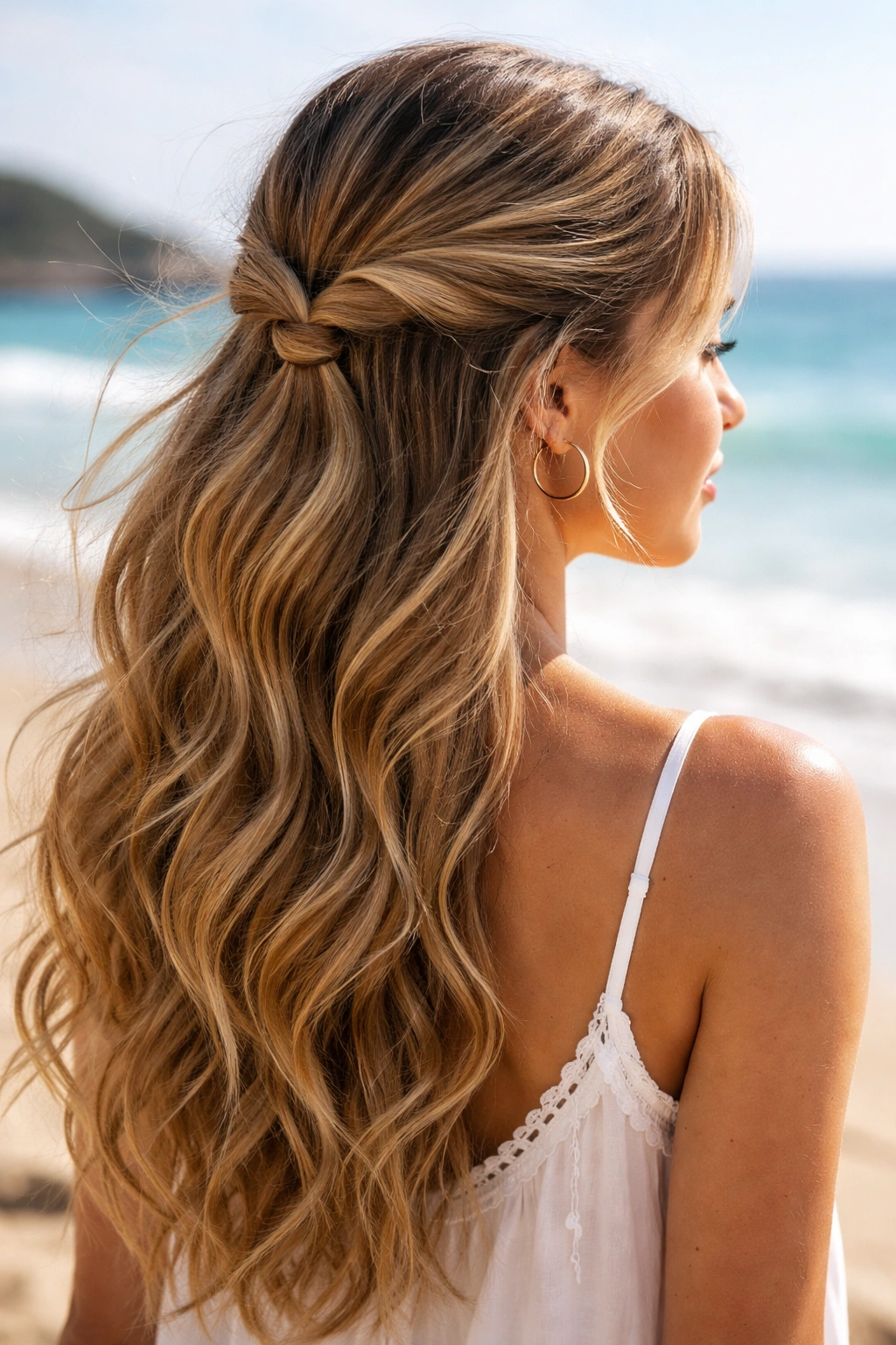 Close-up of a woman with a twisted half-up knot at the beach