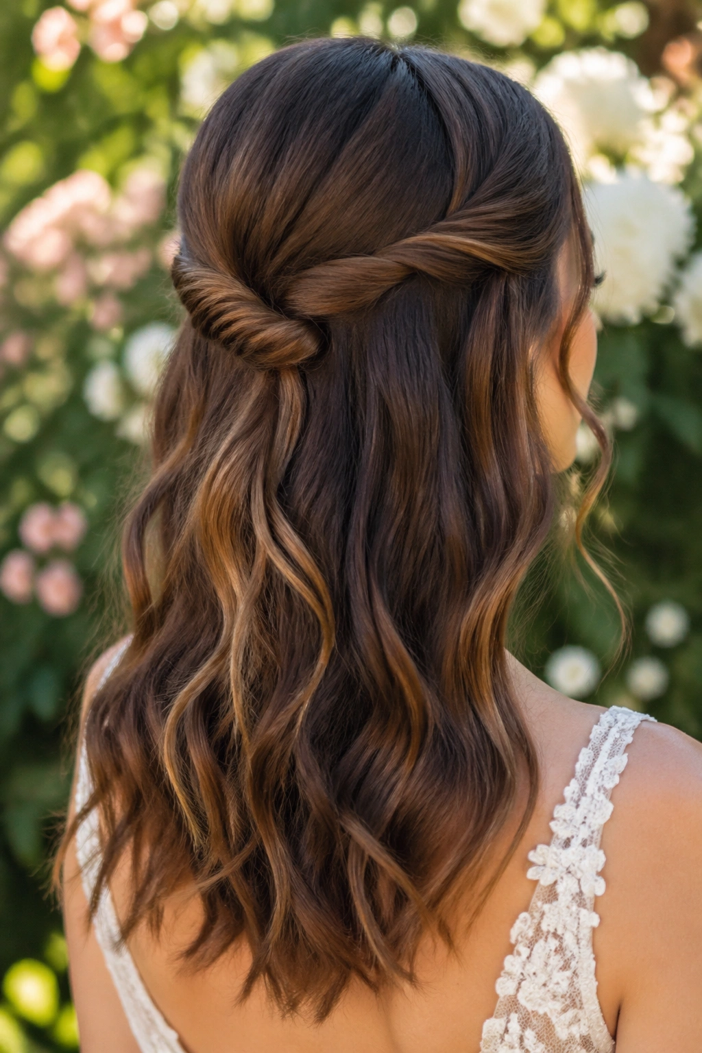 Close-up of a real bride with a twisted half-up knot and soft waves.