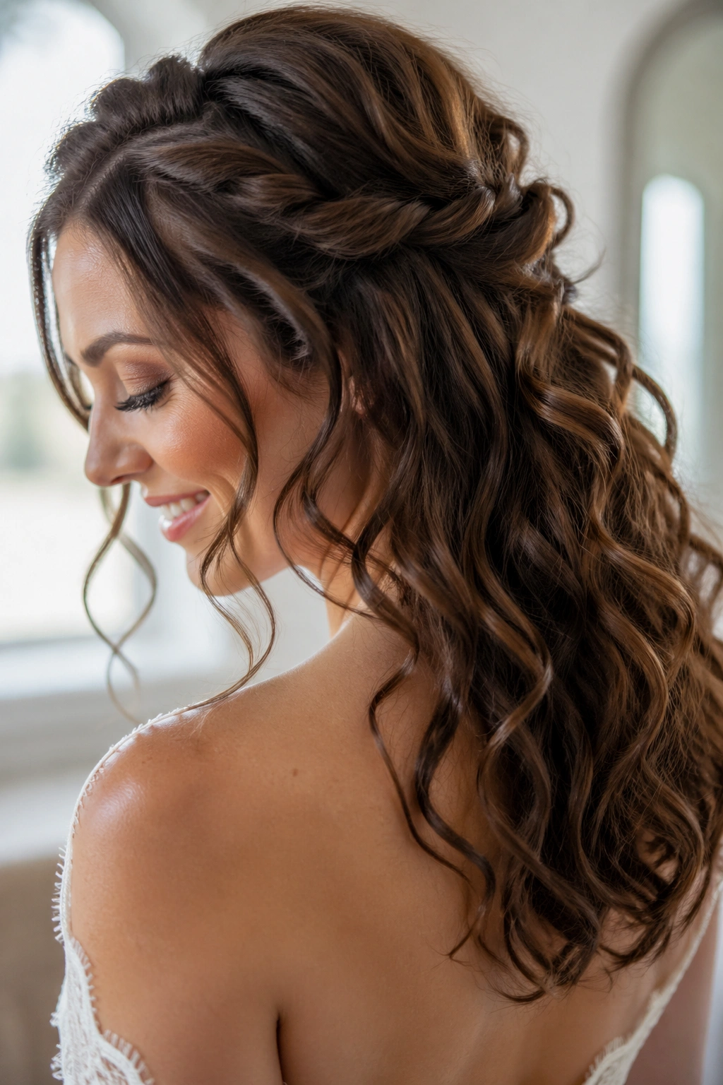 Close-up of a bride with twisted half-up hairstyle and loose curls