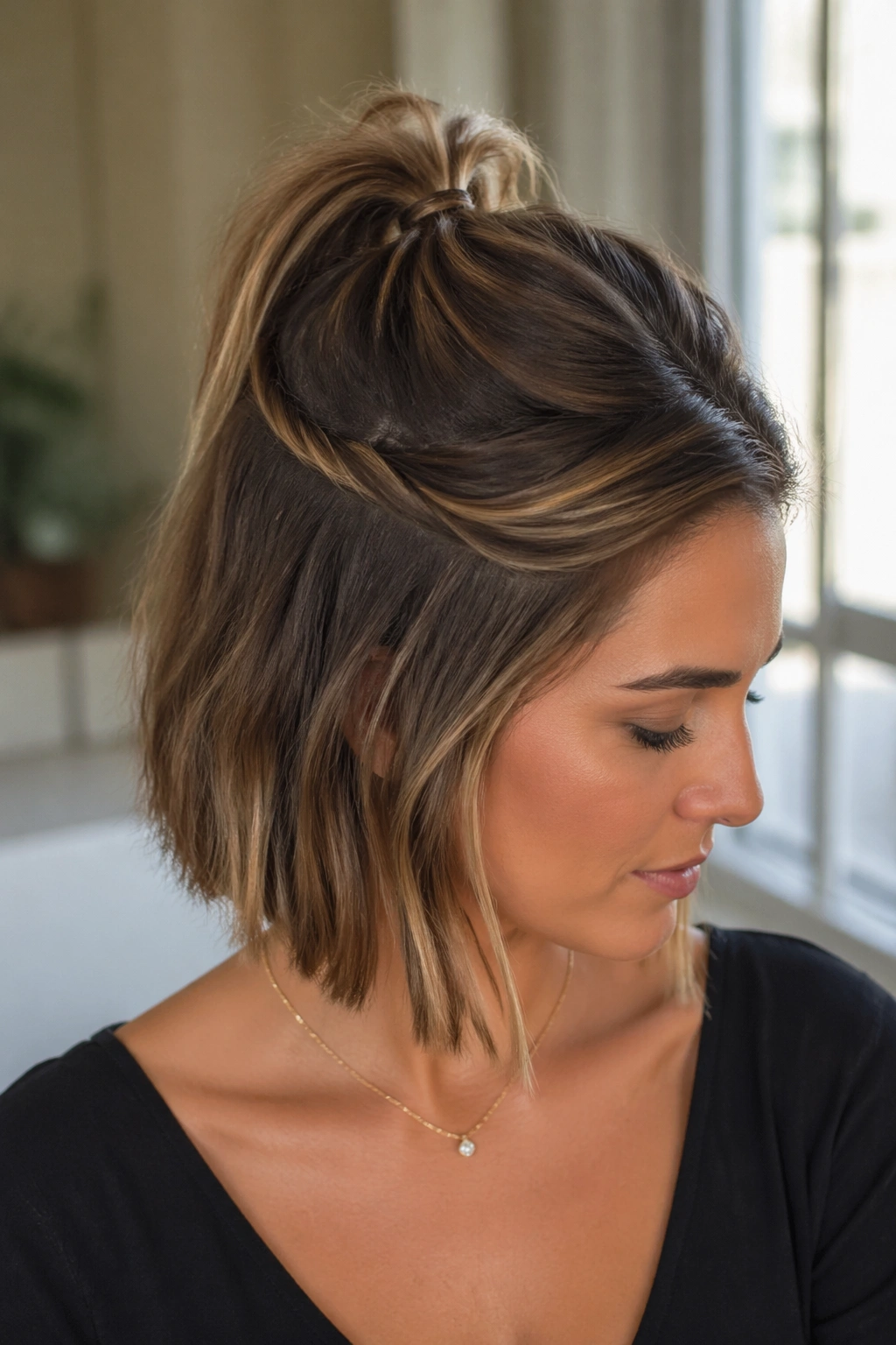 Real woman with twisted front sections into a half-up ponytail for bob-length hair