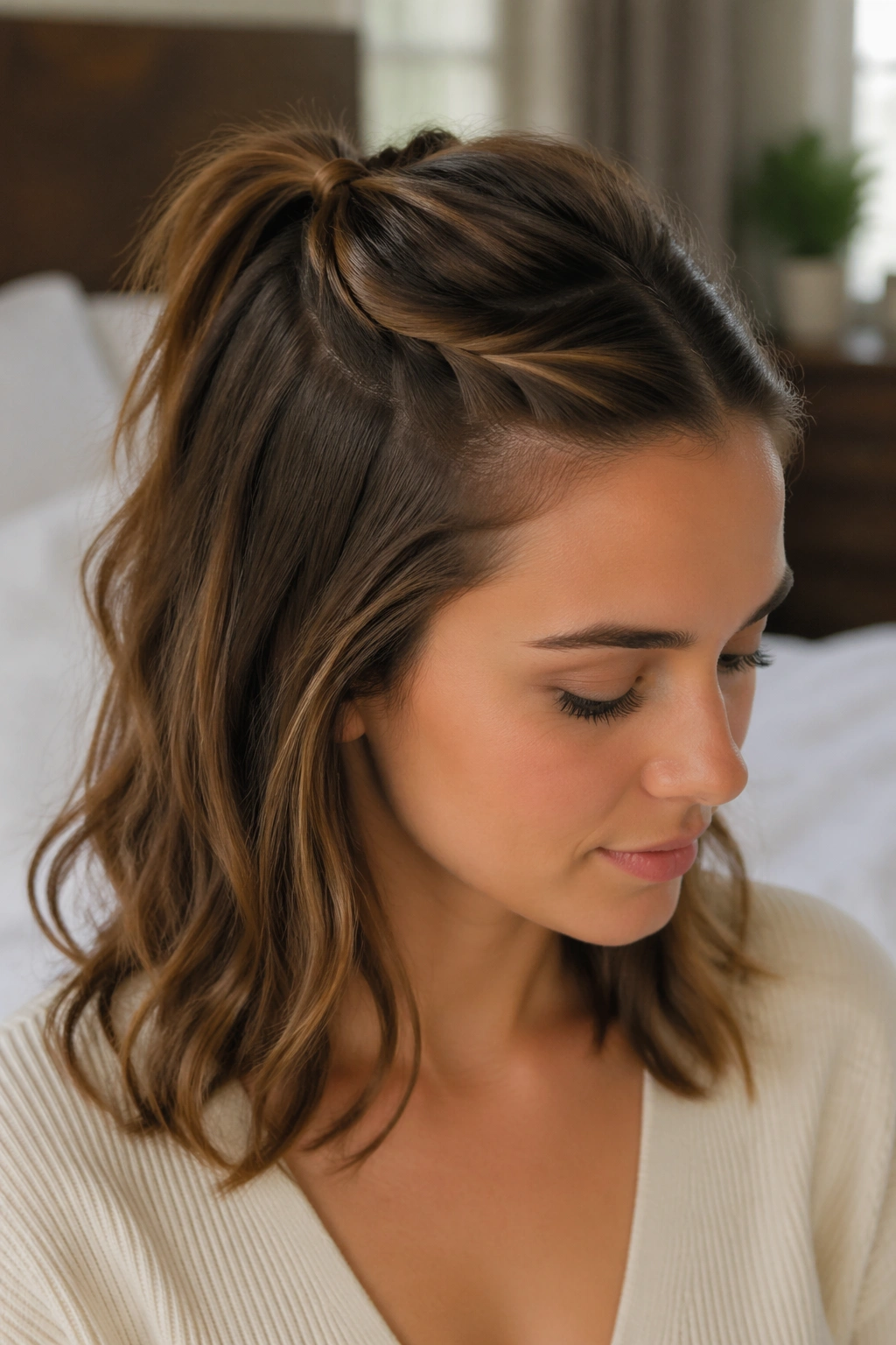 Close-up portrait of a real woman with a twisted half-up mini ponytail.