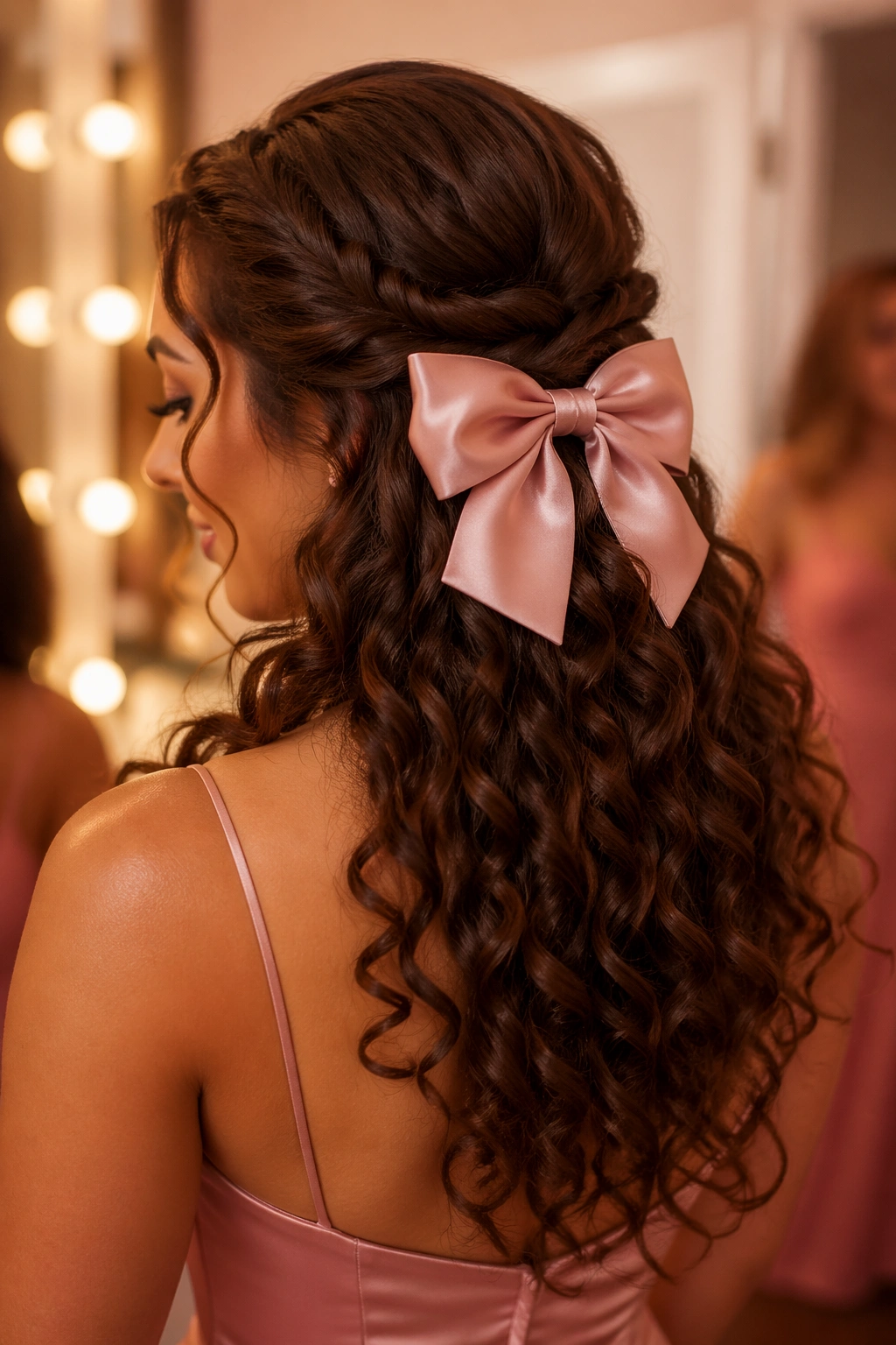 Portrait of a woman with twisted half-up hairstyle and a large satin bow at the center