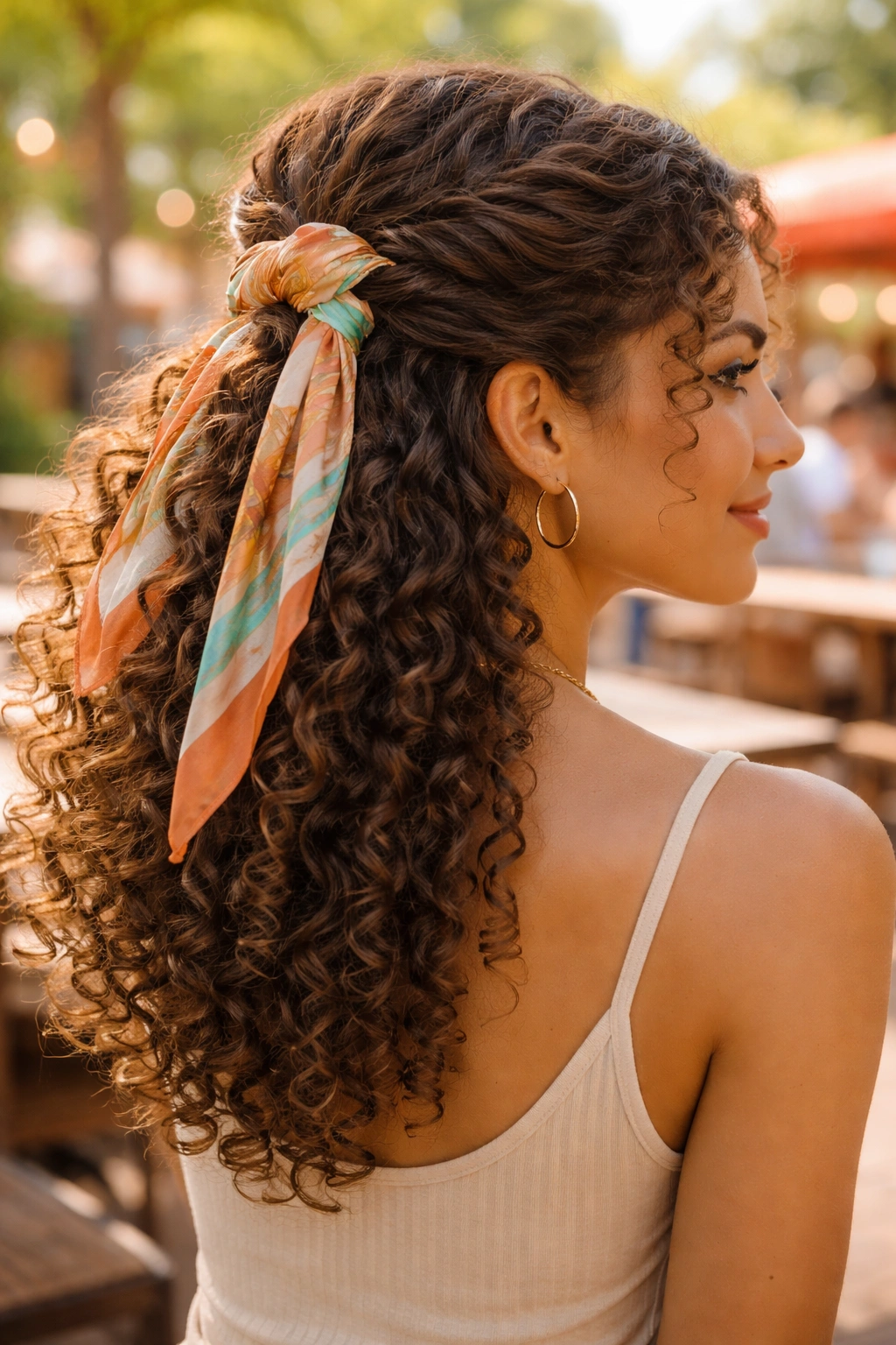 Close-up of a real person wearing a silk scarf twist in a half-up hairstyle outdoors.
