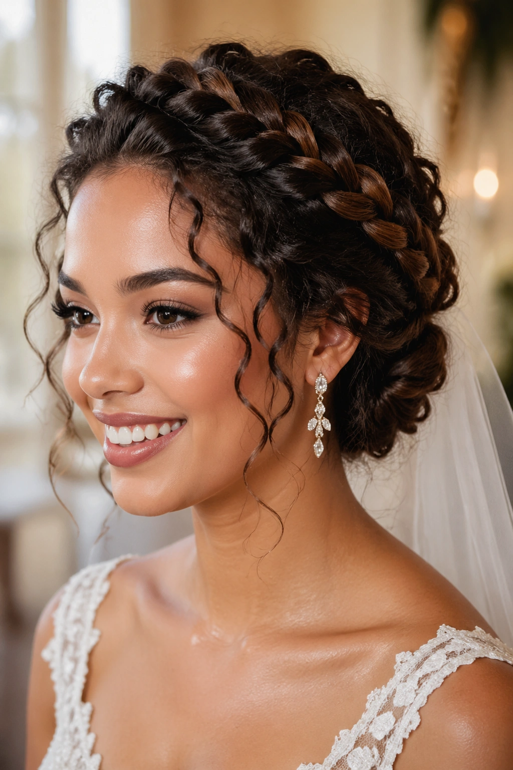 Close-up of a bride with a twisted halo hairstyle and veil