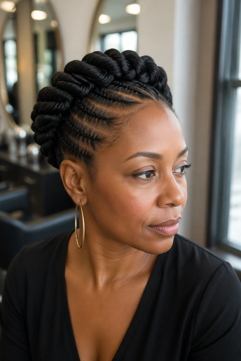 Close-up portrait of a real person with a thick two-strand twisted halo around a cornrow base.