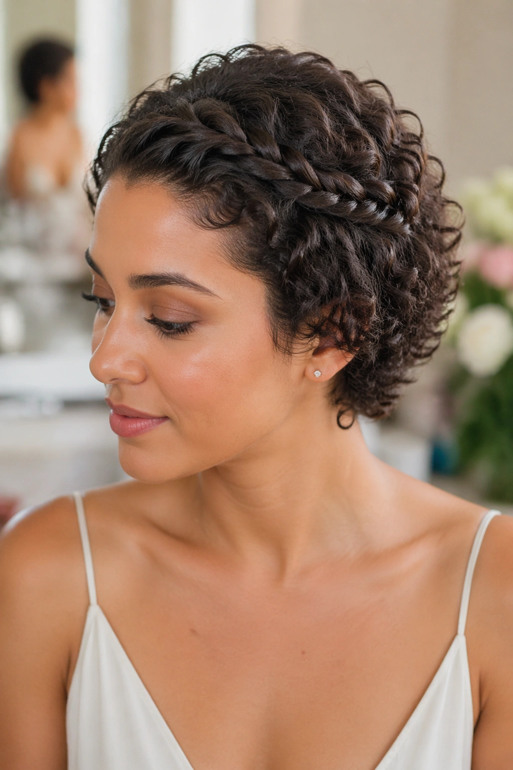 Close-up of a real woman with twisted halo on a short curly crop