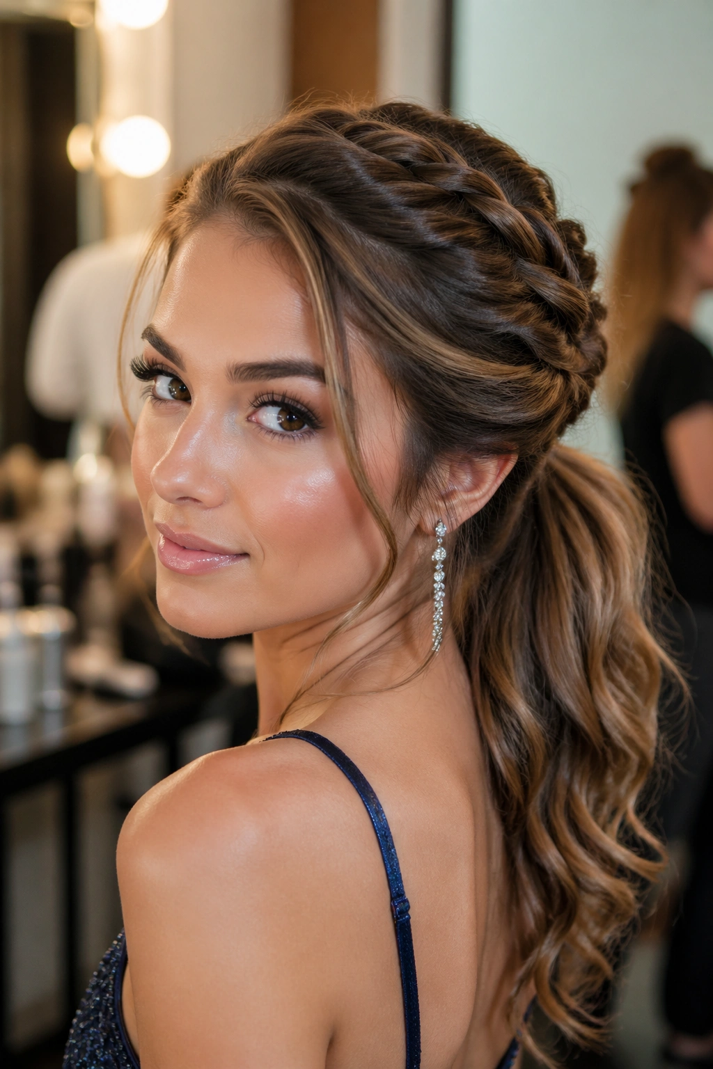 Close-up of a real woman with a twisted halo ponytail around the crown and a ponytail at the back