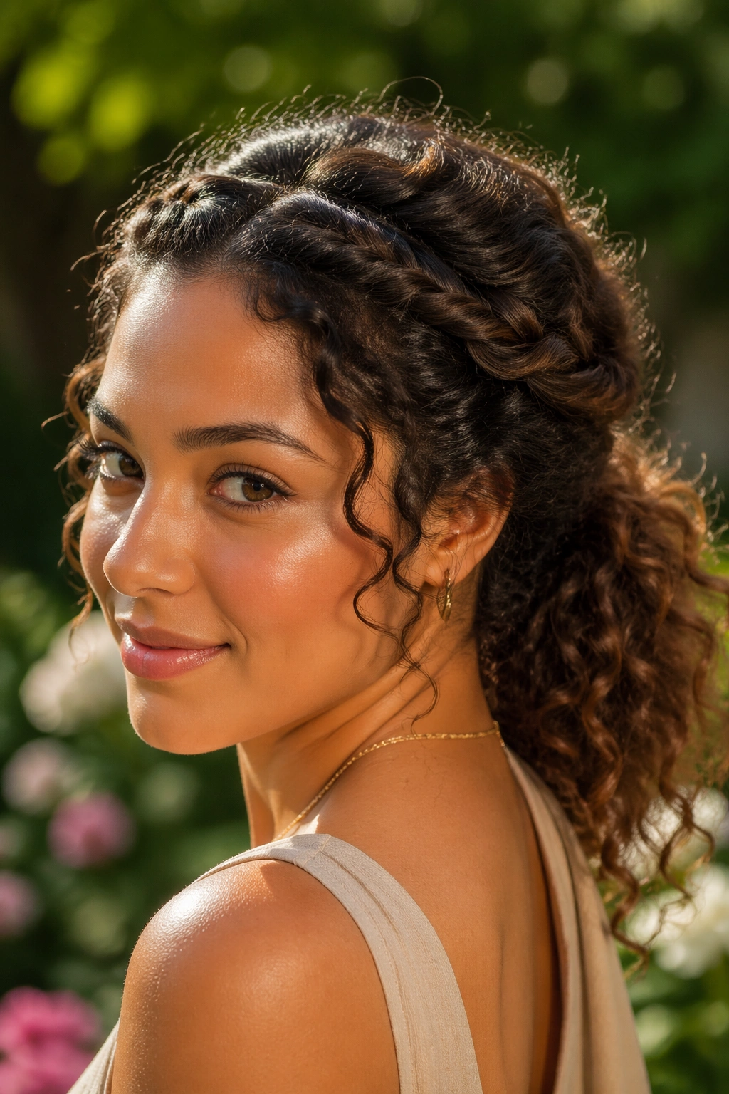 Close-up of a real woman with a twisted halo ponytail framing the crown in a sunny garden