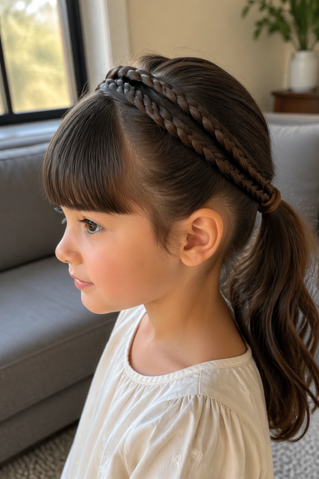 Twisted halo ponytail with blunt bangs side profile.