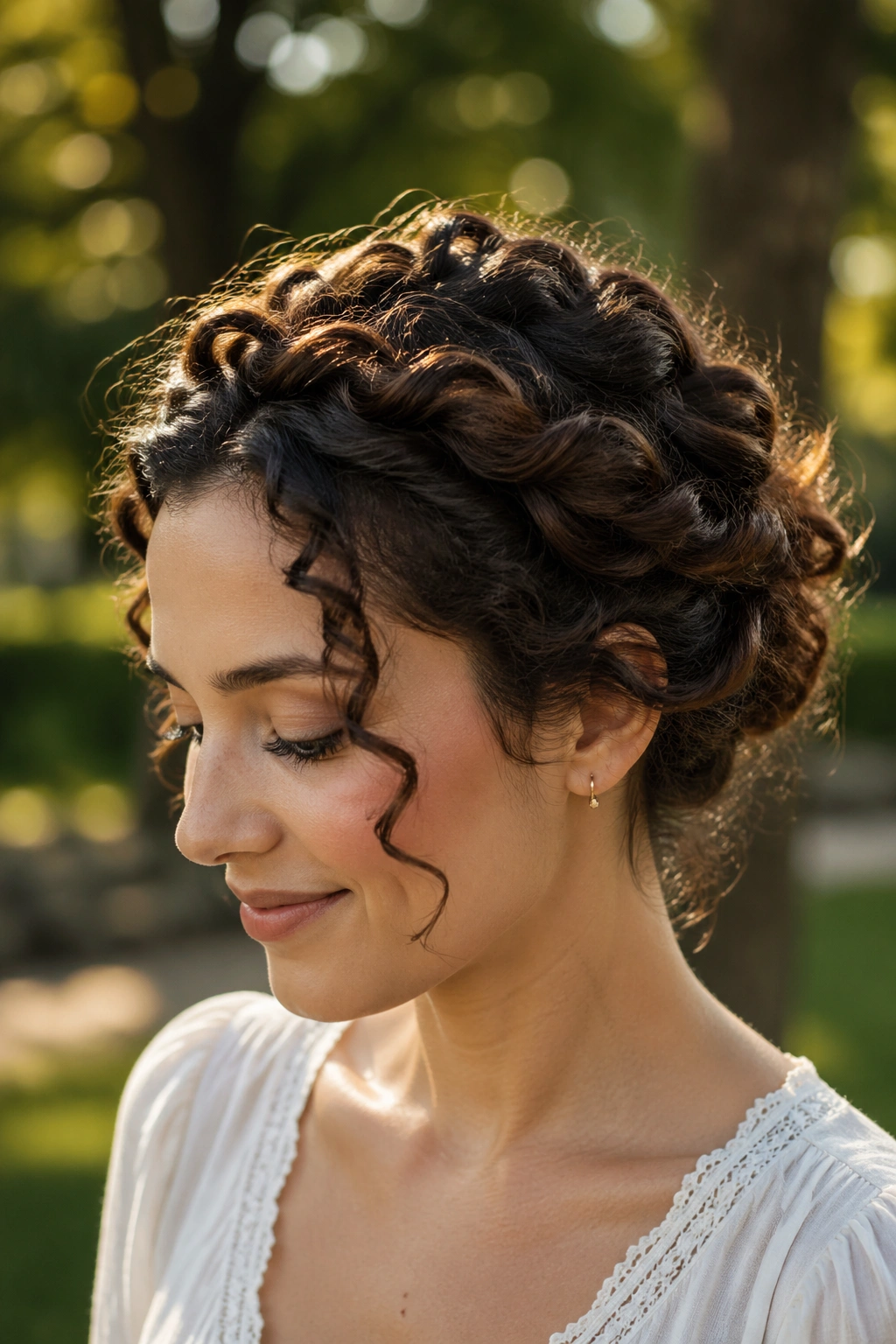 Real woman with a twisted halo updo, halo crown around head with visible texture
