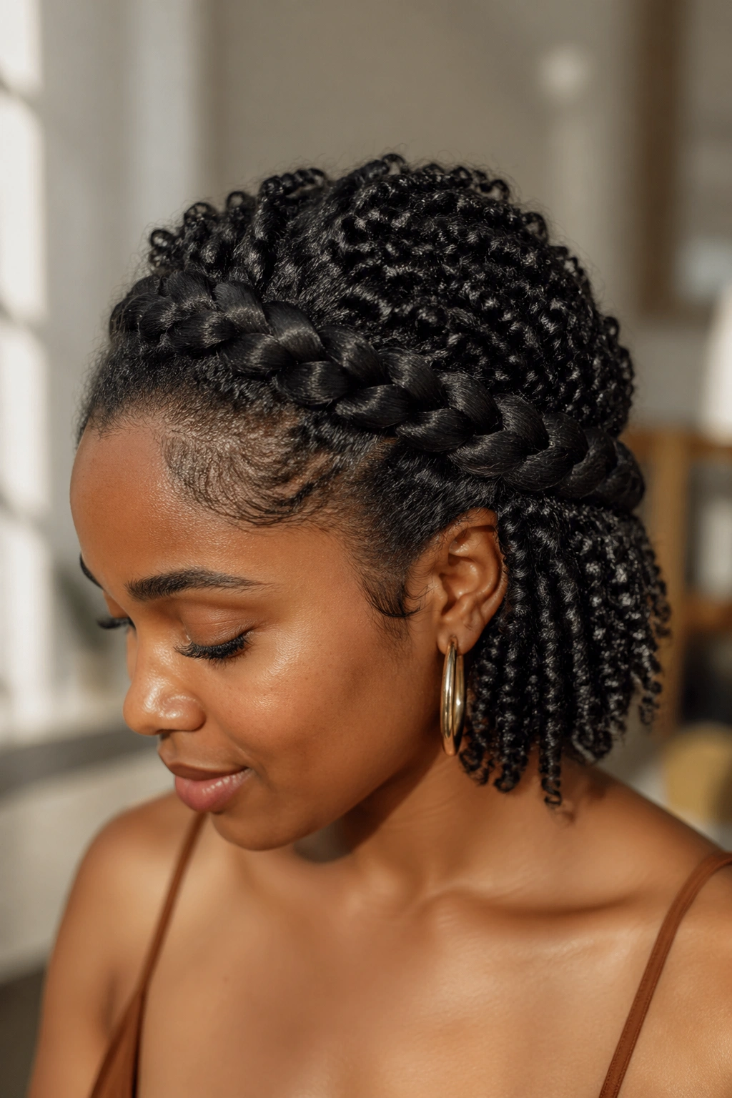 Close-up of a woman with a twisted halo hairstyle around the crown