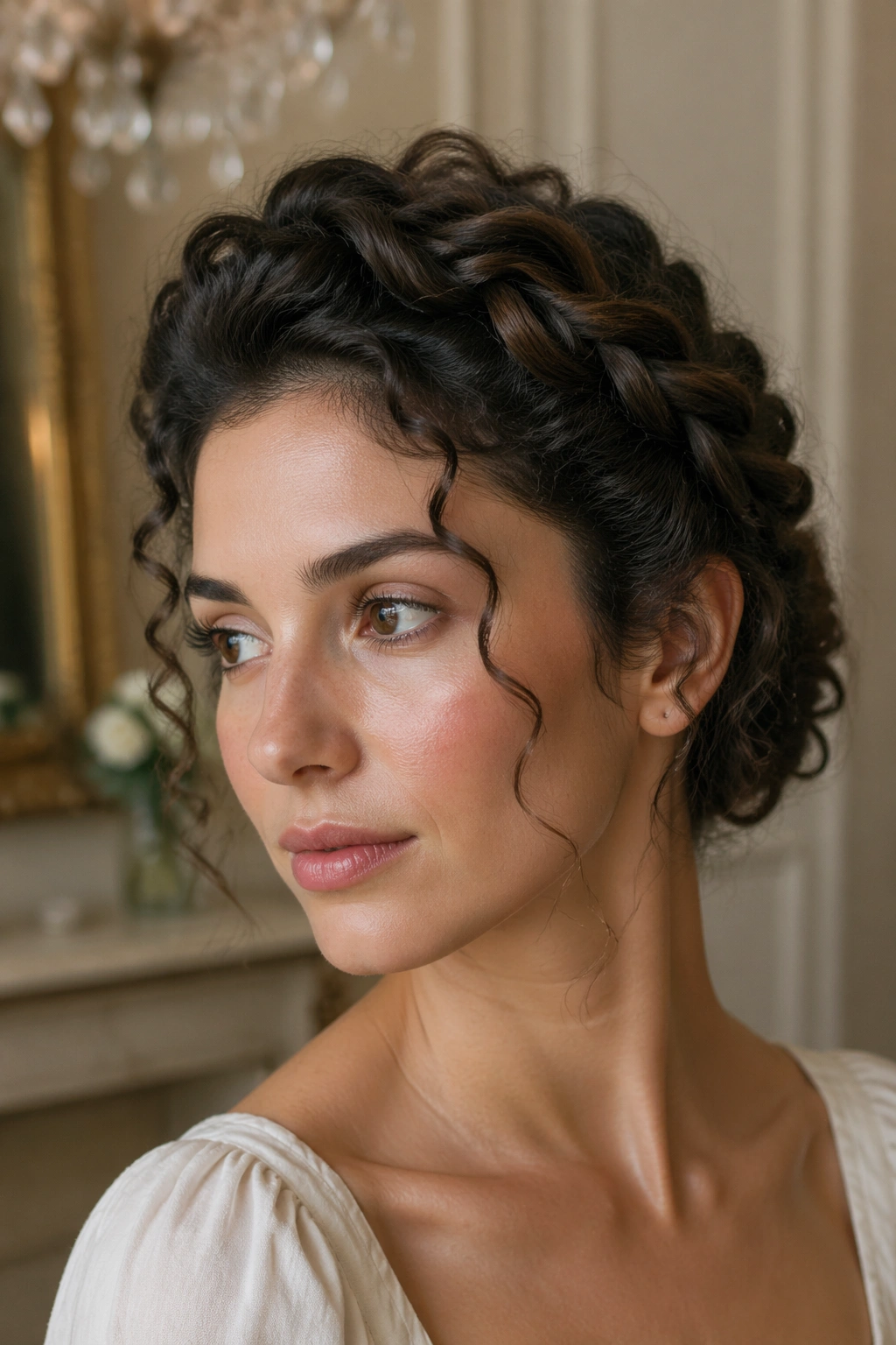 Close-up of a real person with a twisted halo updo showing the elegant crown twist