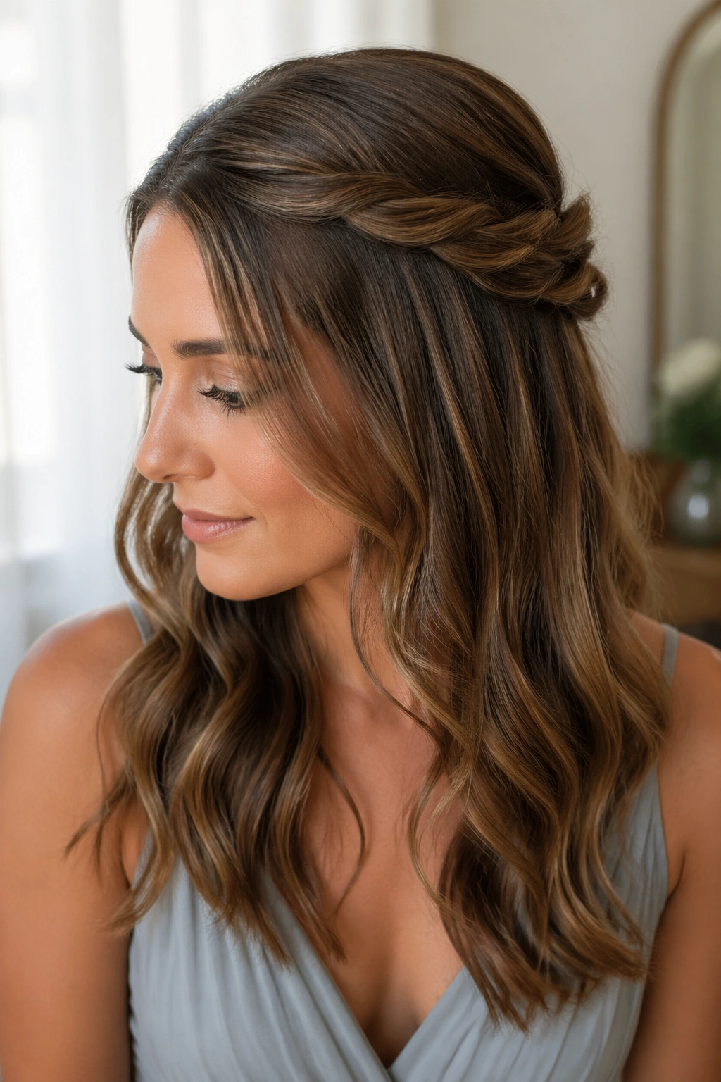 Real woman wearing a twisted halo hairstyle with loose ends and visible waves