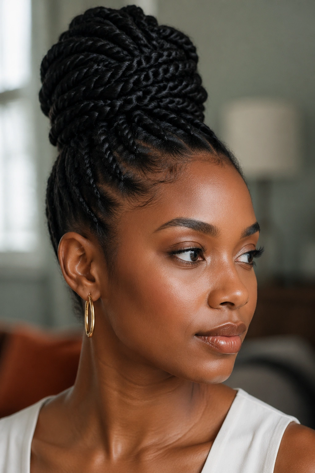Twisted high bun on a real person, close-up