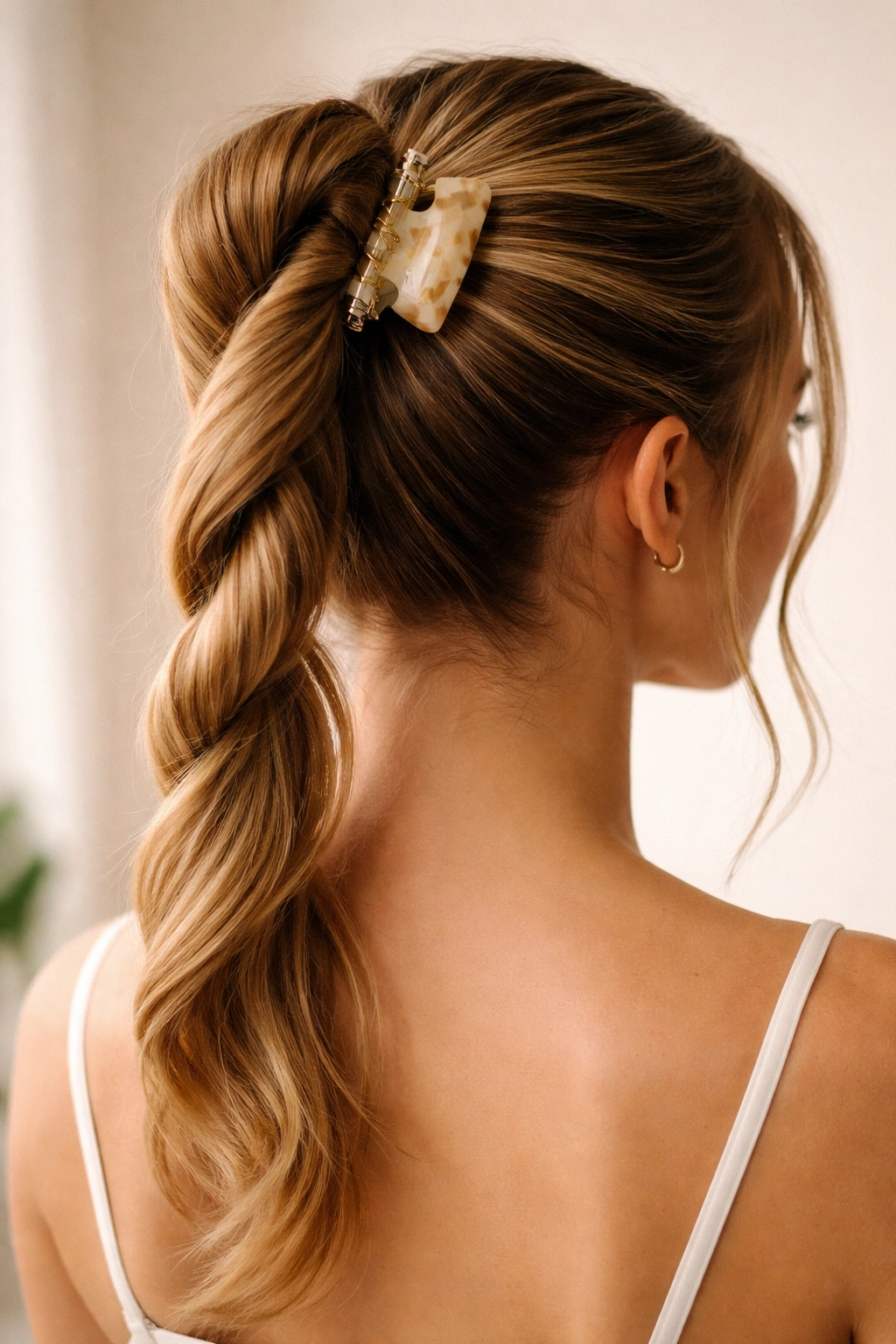 Twisted rope-like ponytail held by a clip, showing loop at the back of the head