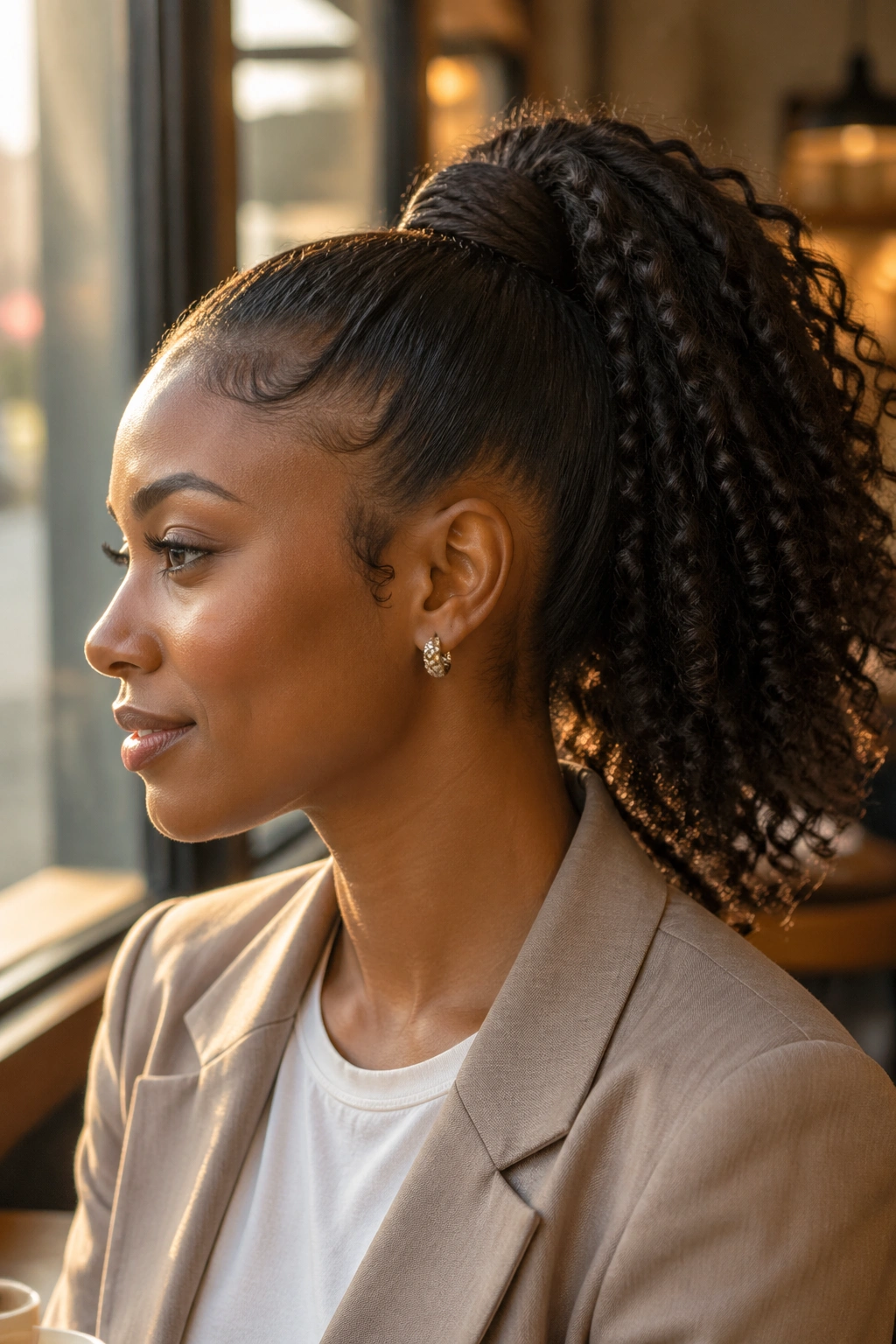 Side profile of a real woman with a twisted high ponytail.