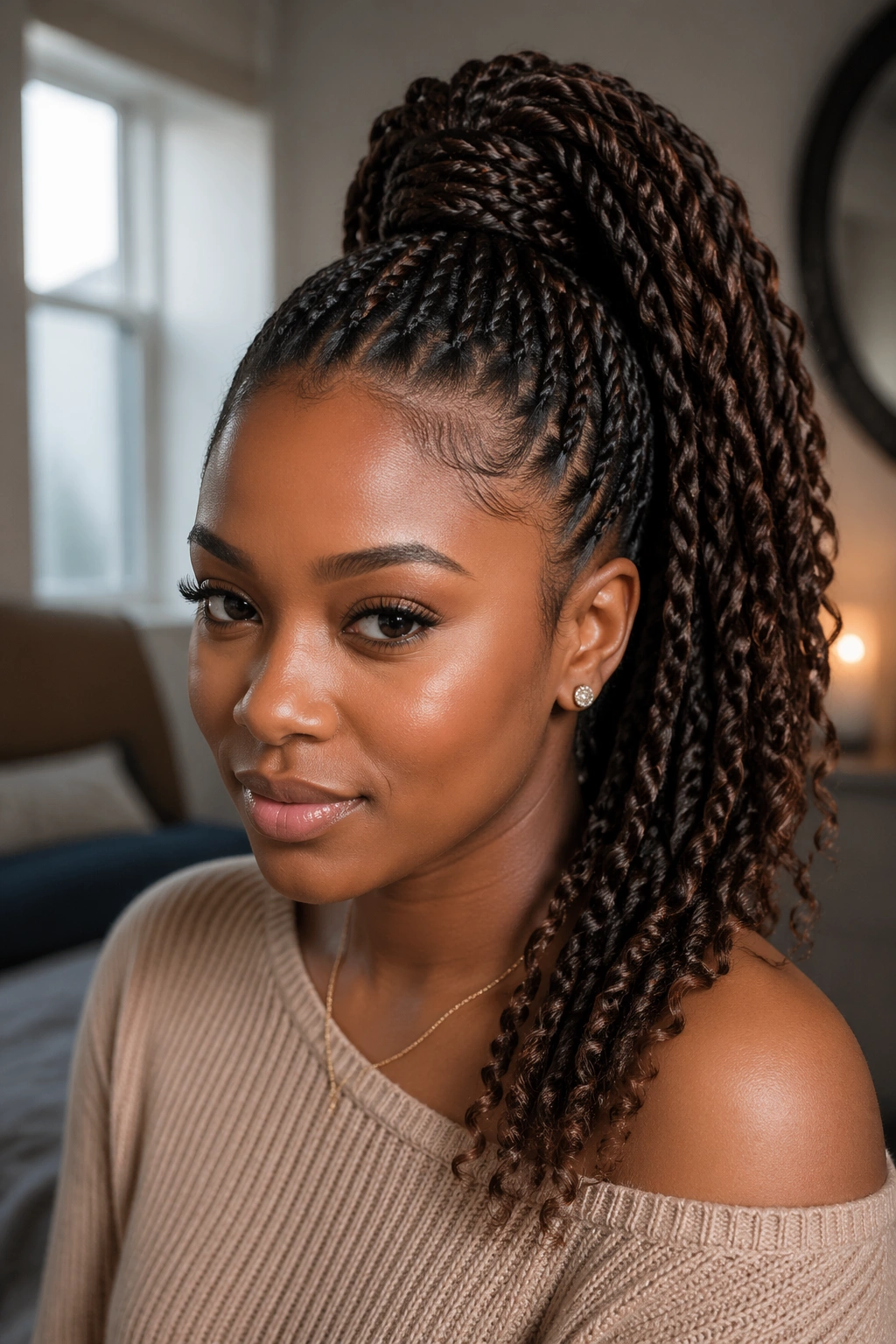 Close-up of a real woman's twisted high ponytail with two-strand twists in natural window light.