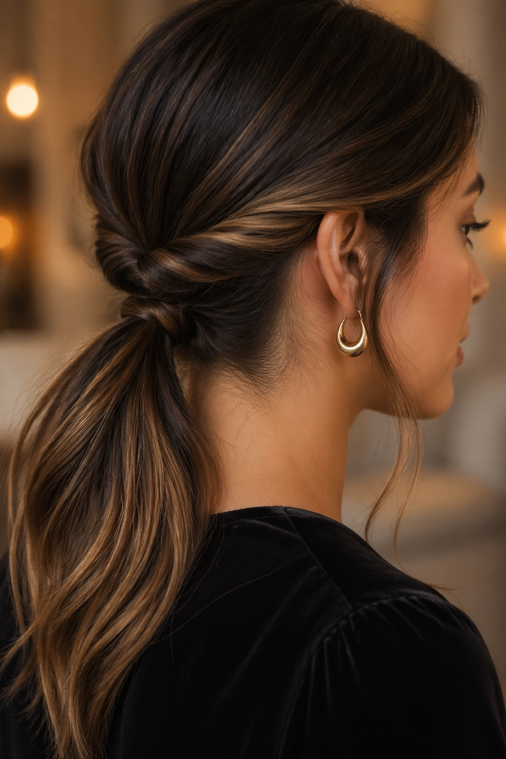 Close-up of a real woman with a low ponytail featuring a twisted knot
