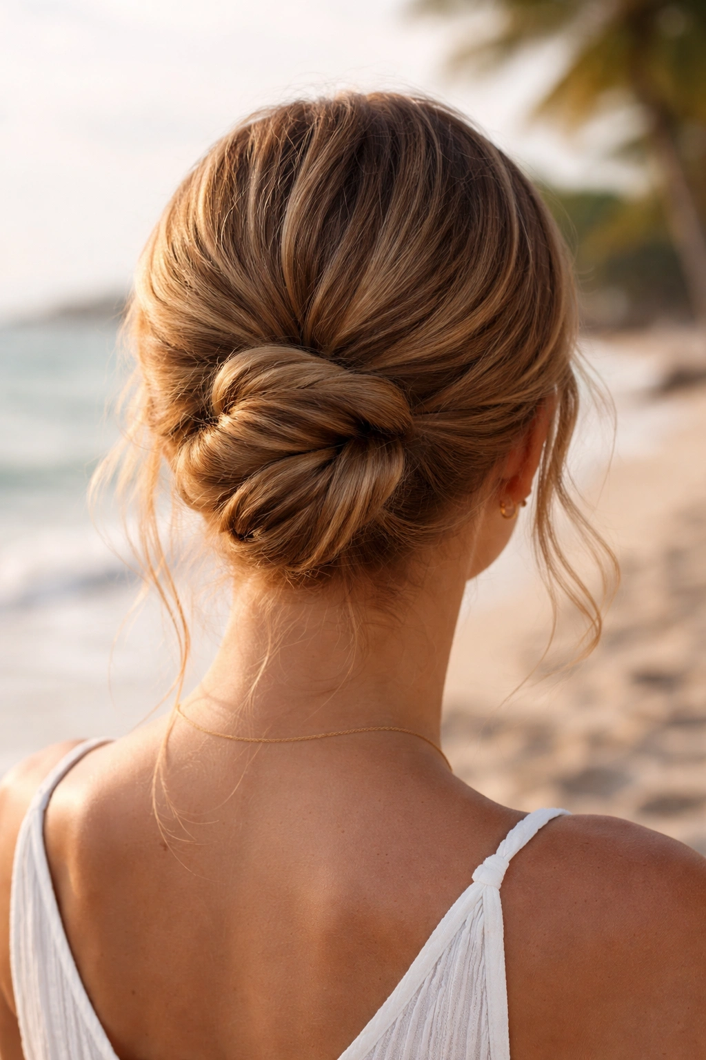 Close-up of a real woman with a twisted low bun at the nape on a sunlit beach