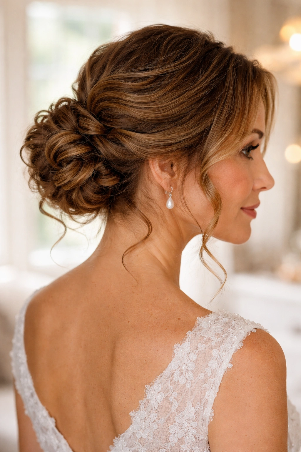 Close-up of a real woman with a twisted low bun and face-framing curls