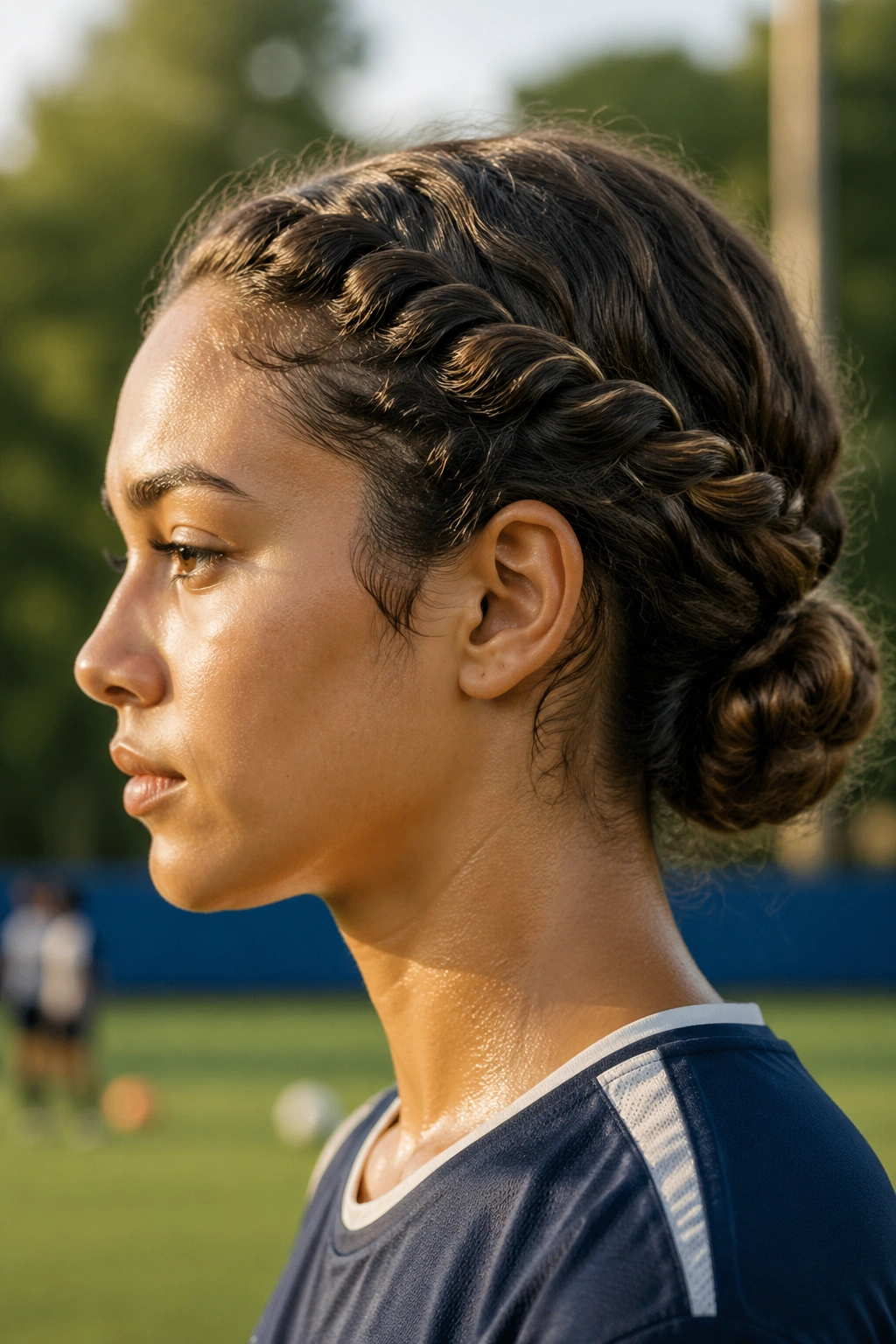 Close-up of twisted low bun on a real person at an outdoor training ground