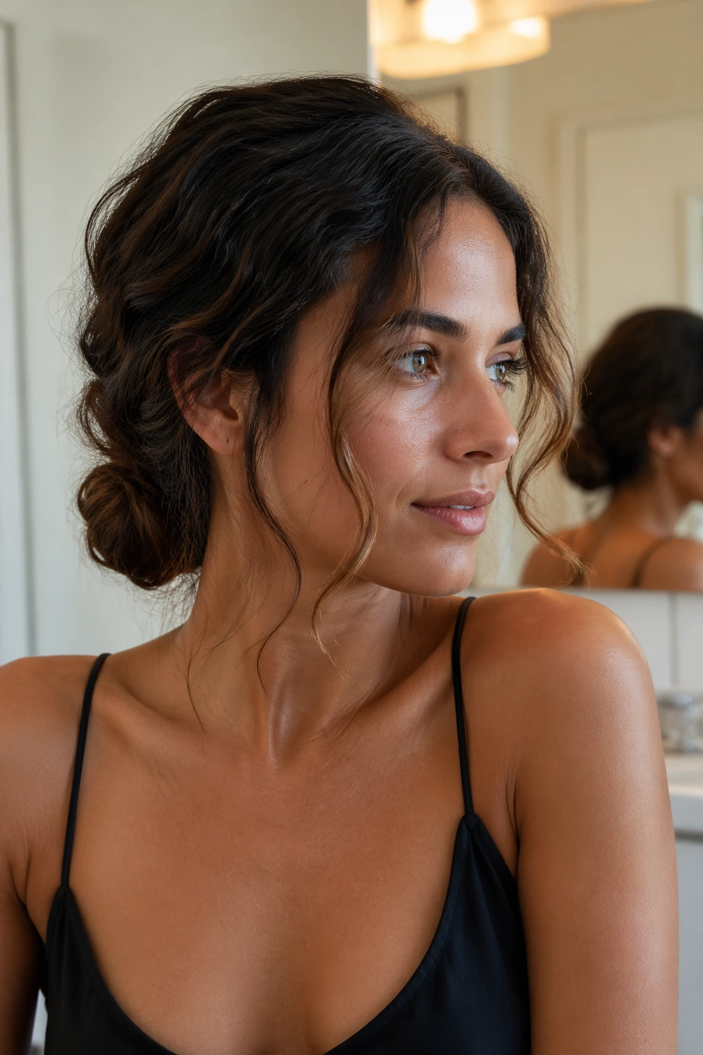 Close-up of a real woman with a twisted low bun and face-framing strands