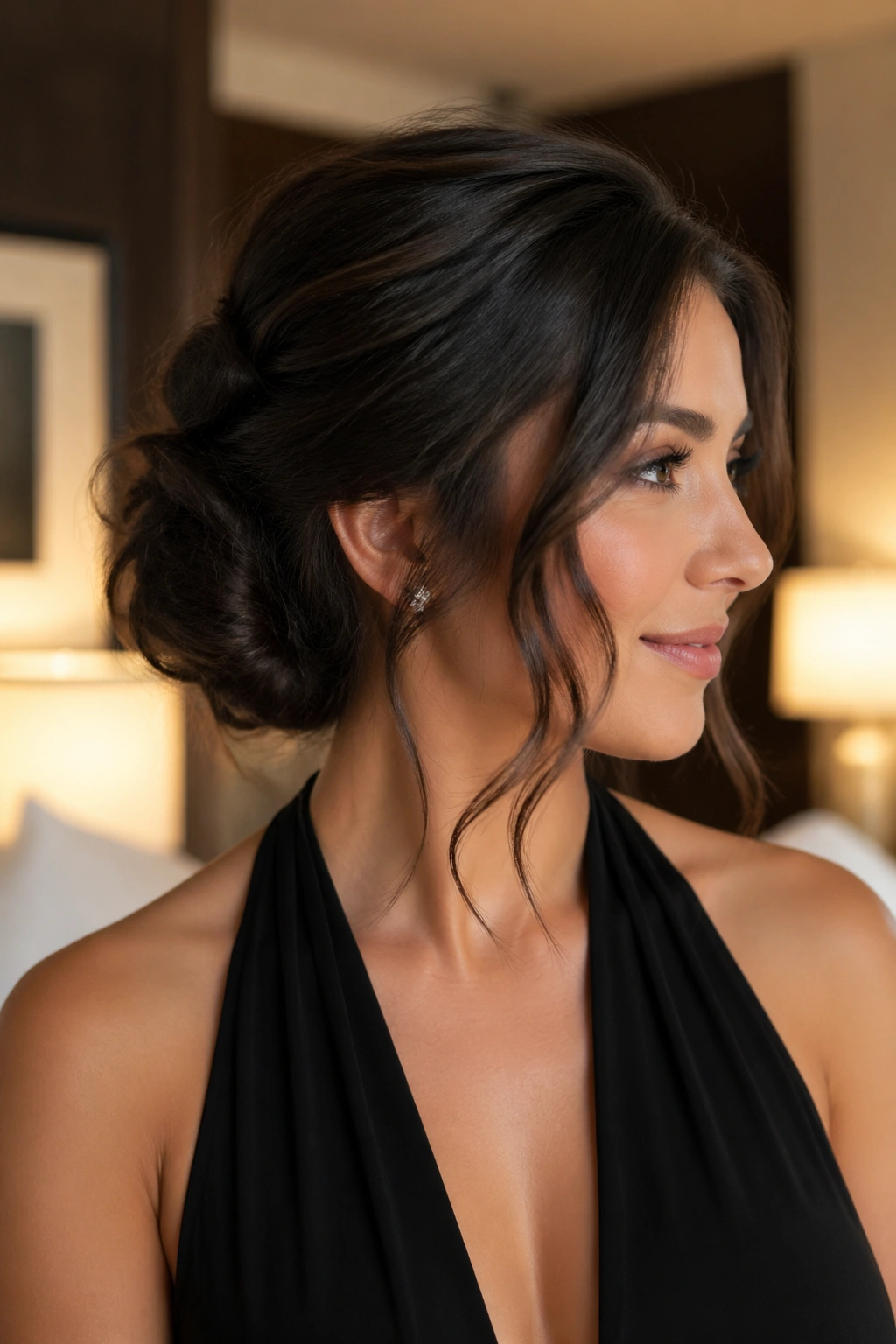 Close-up of a woman with a twisted low chignon and face-framing pieces.