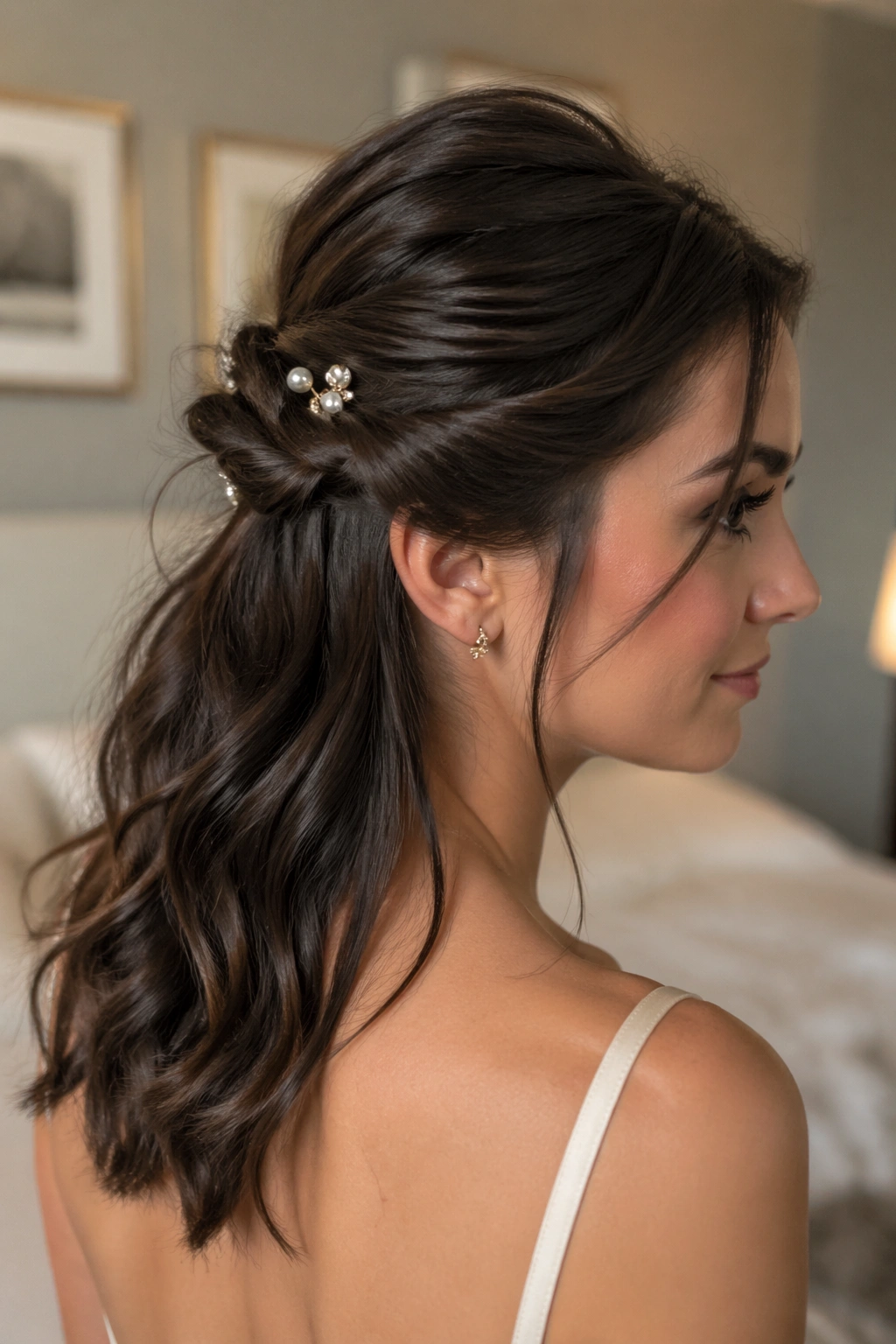 Close-up of a woman with twisted low half pony and hair accessories