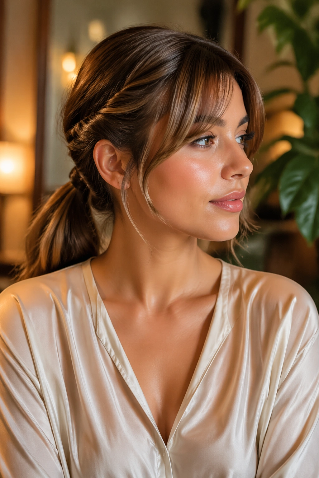 Real woman with a twisted low ponytail and curtain bangs in warm indoor light.