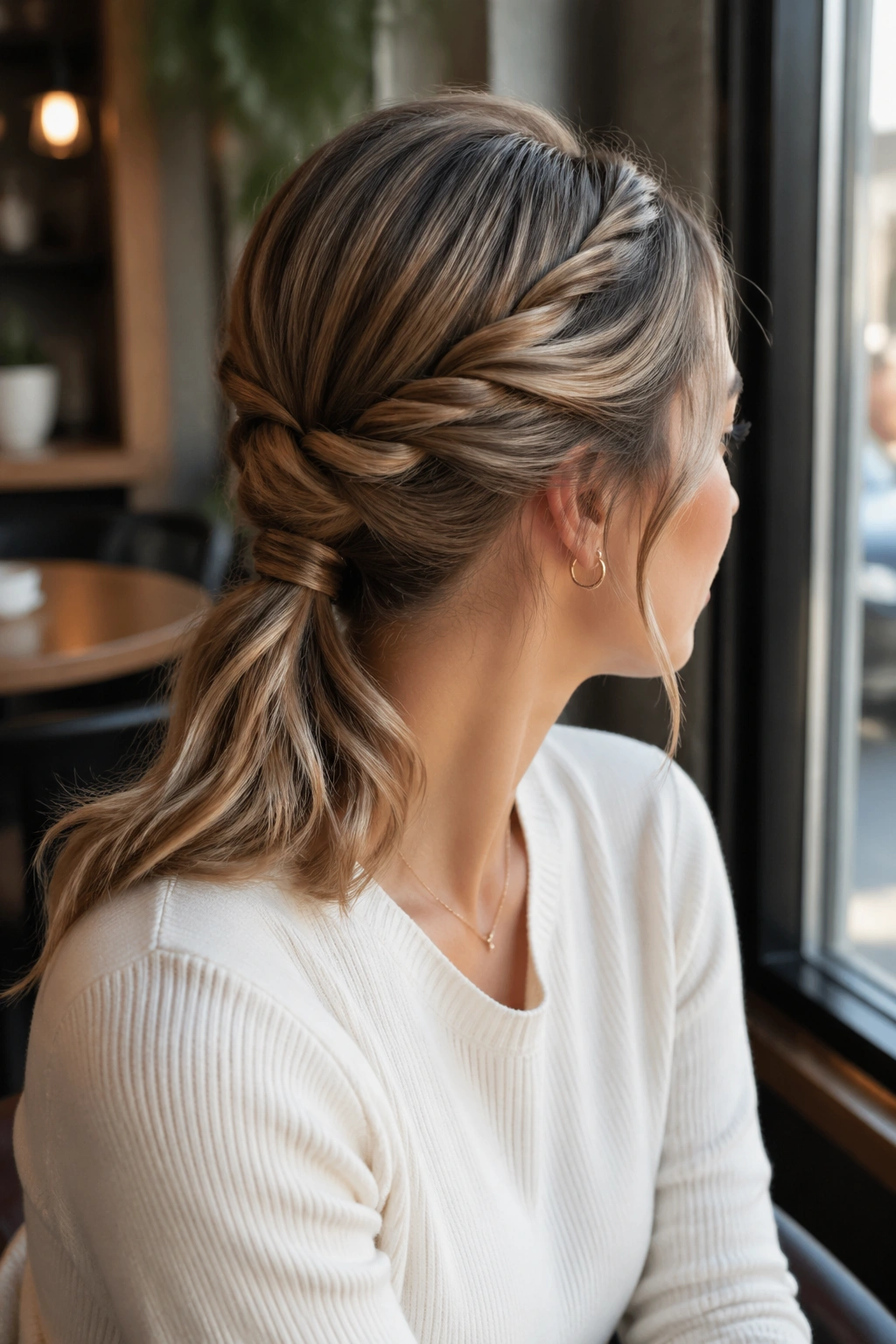 Close-up of a woman with a twisted low ponytail at the nape.