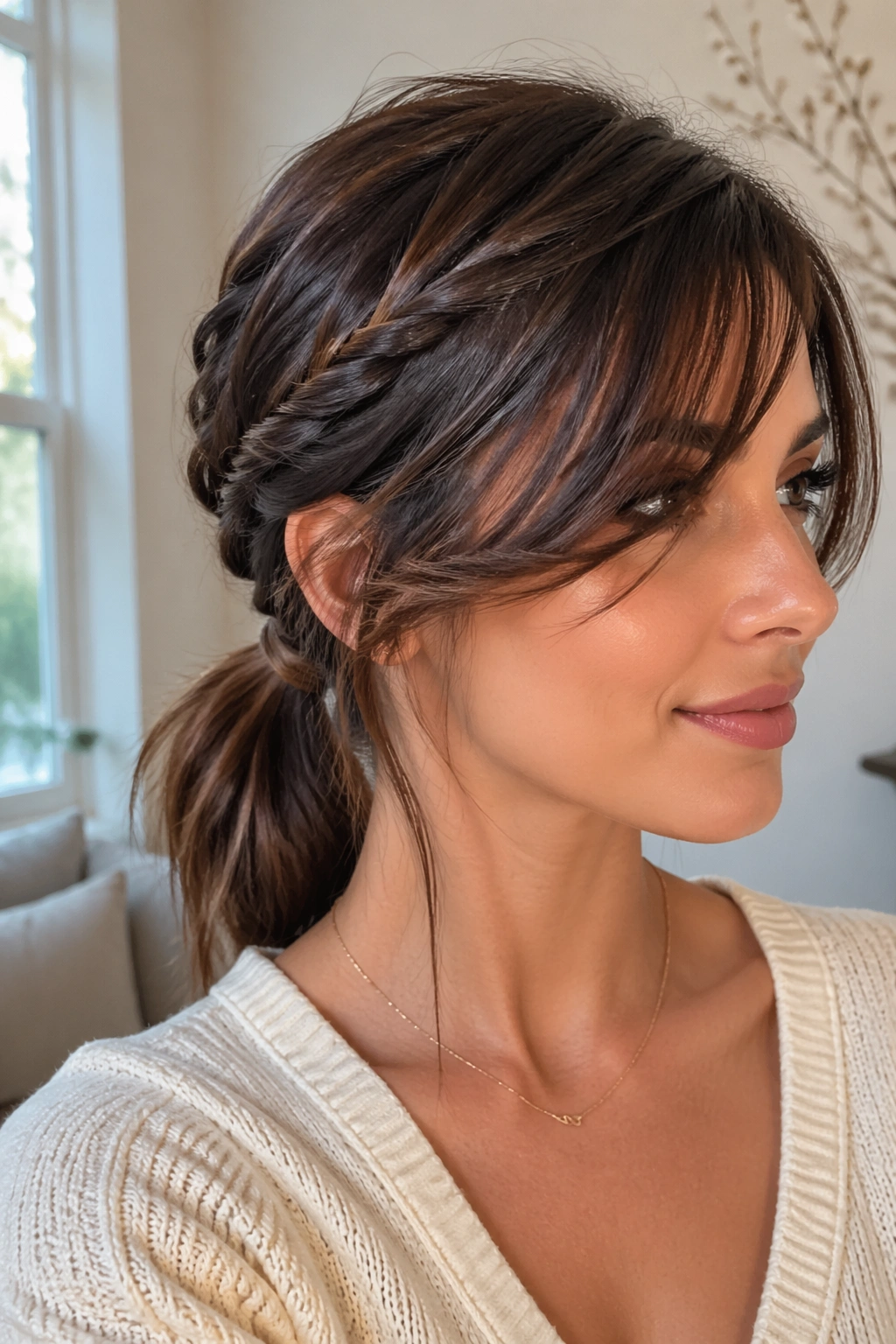 Close-up of a real woman with twisted low ponytail and side bangs