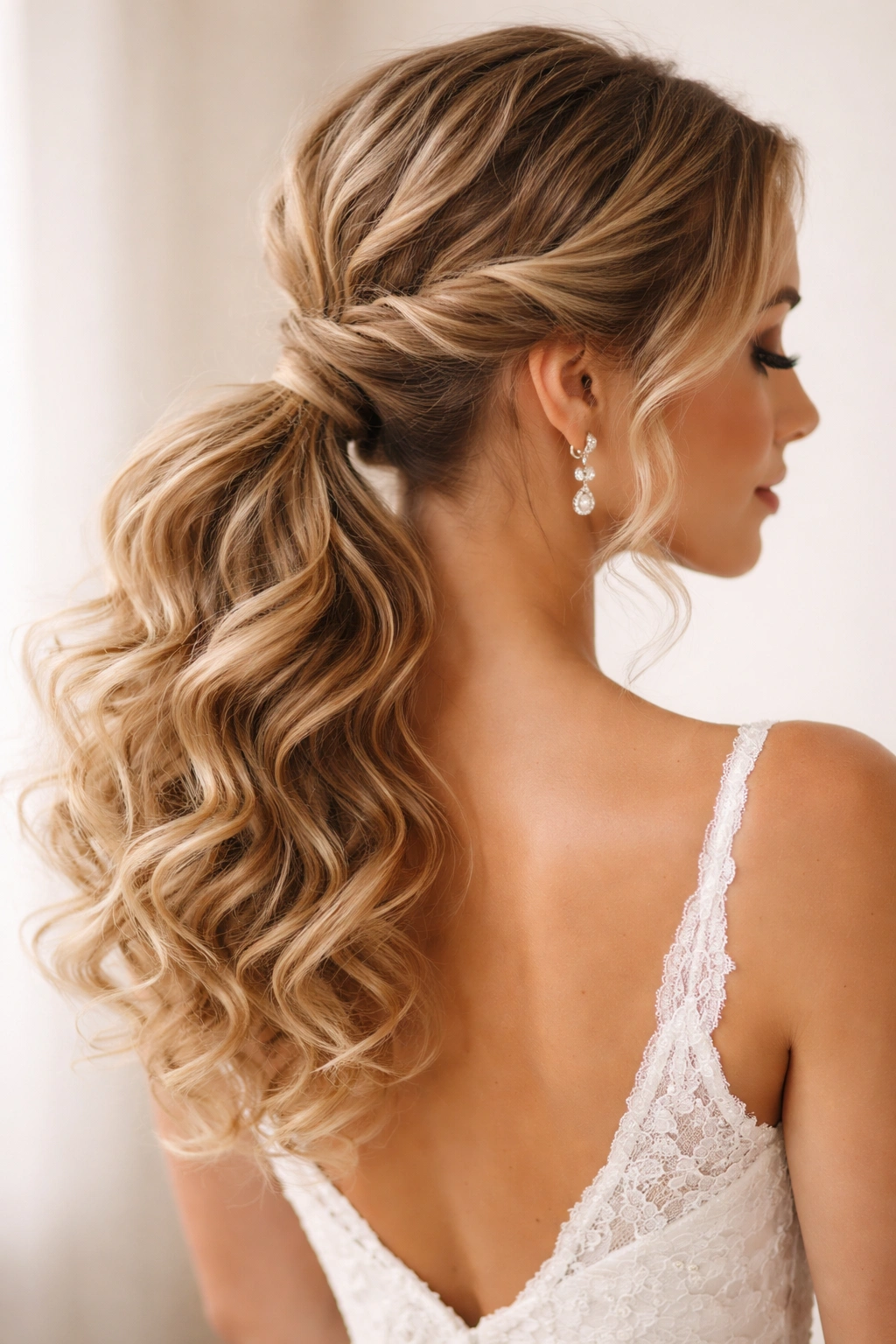 Twisted low ponytail showing temple twists and soft curled ends