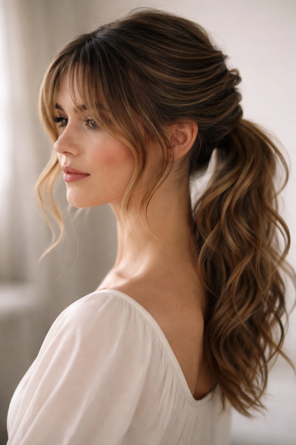 Twisted low ponytail with curtain fringe framing the face