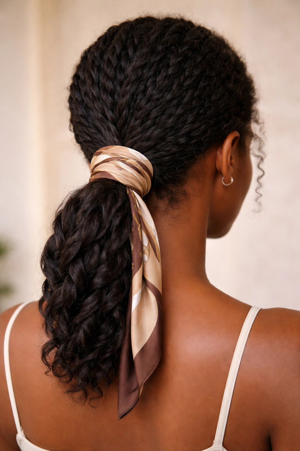 Low ponytail with satin scarf wrap around the base