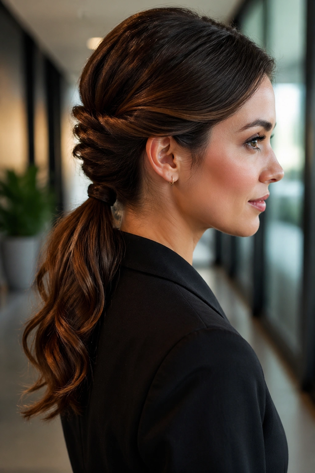 Real woman with a twisted low ponytail and textured tail for an interview
