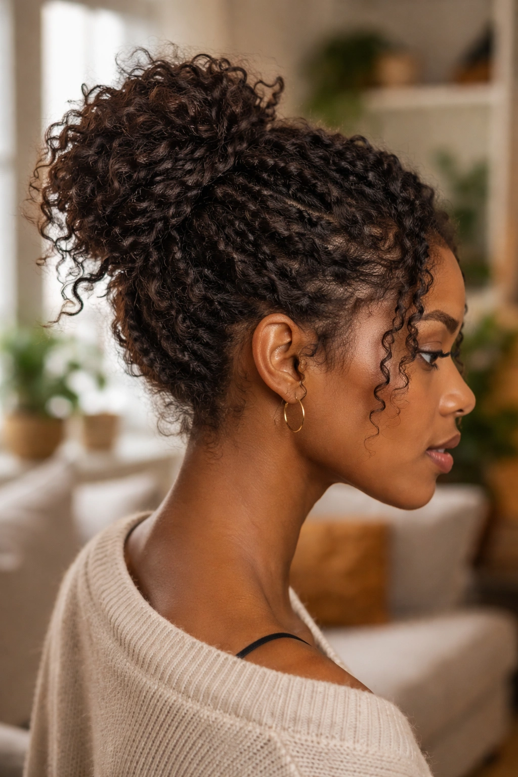 Side-profile close-up of real woman with twisted sections forming a messy bun