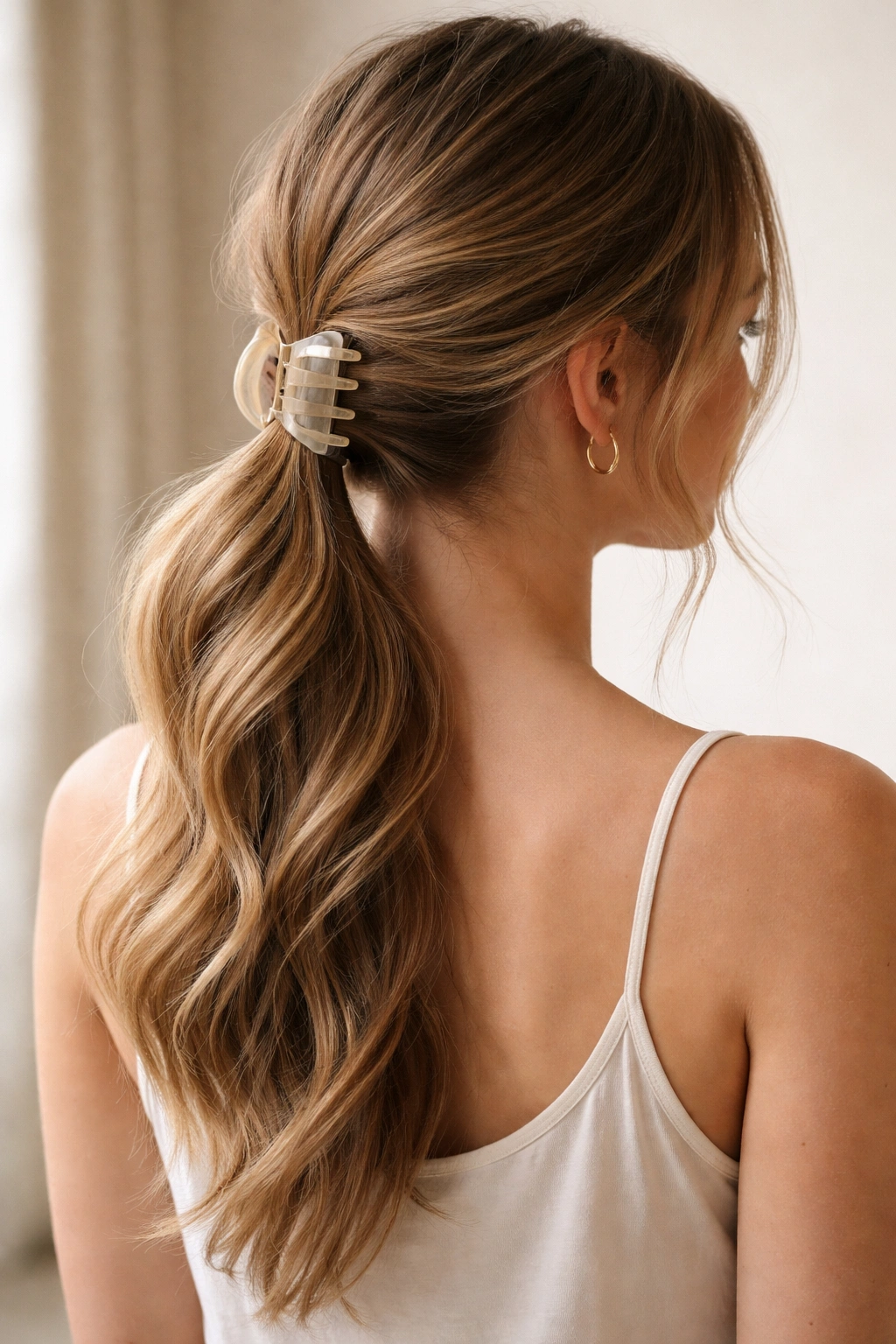 Loose twisted mid ponytail with a soft bend at mid-height