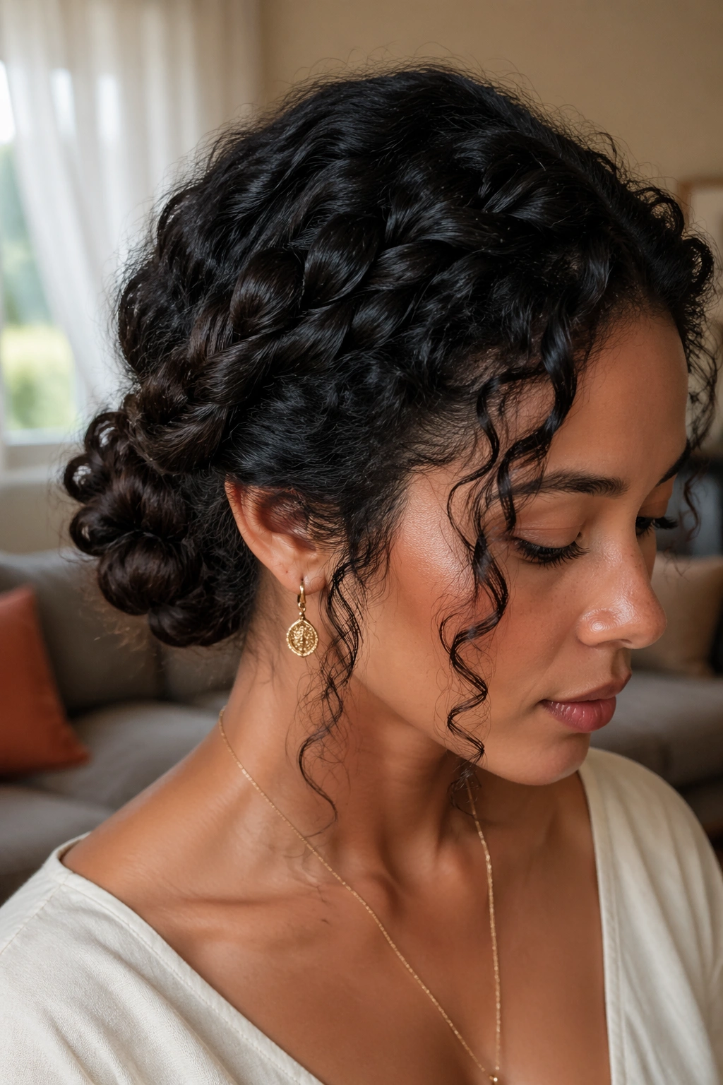 Close-up of a real woman with twisted milkmaid braid in a cozy room