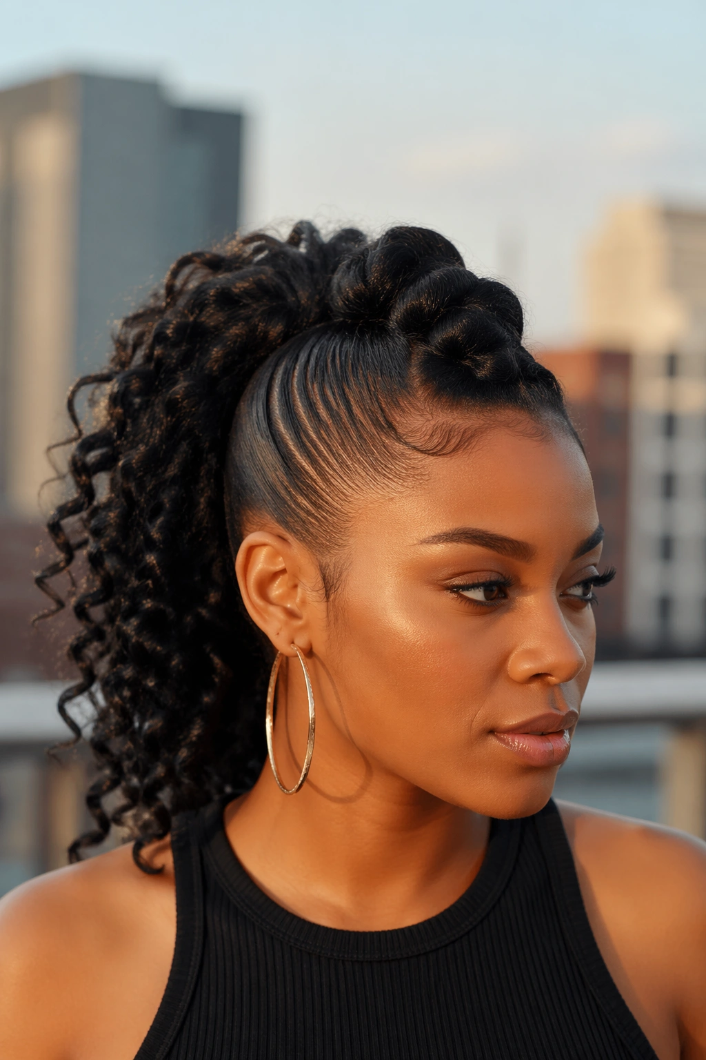 Real woman with twisted mohawk ponytail showing central crown twist.