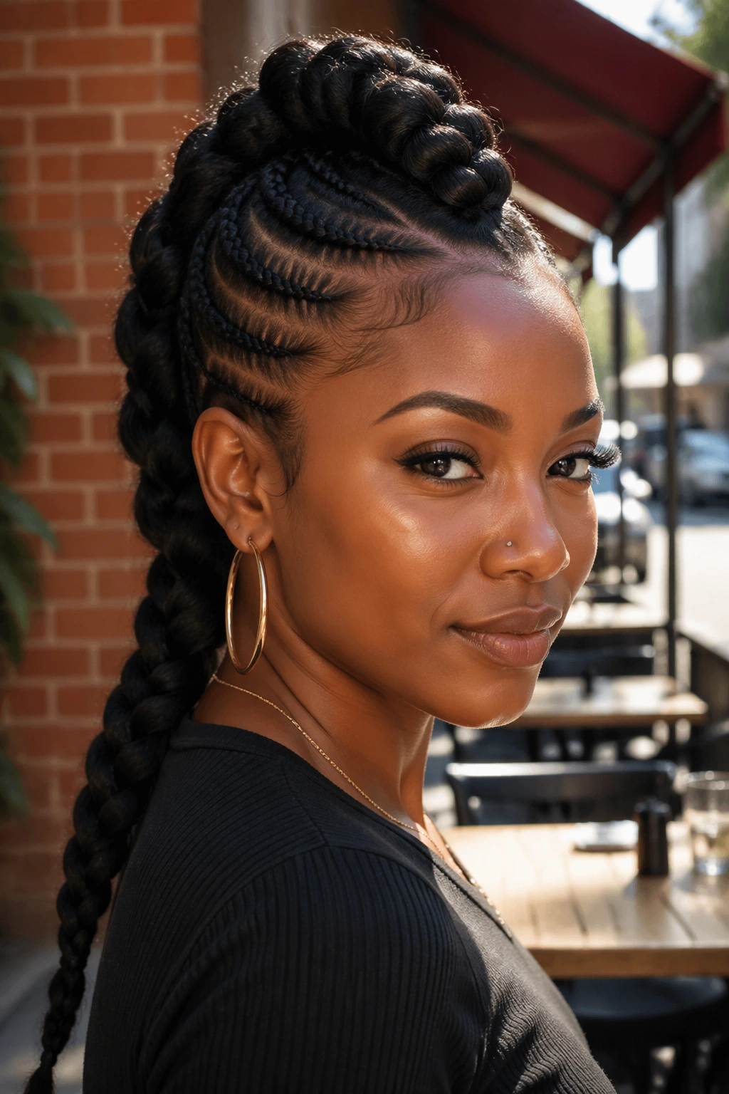 Real woman with Twisted Mohawk Ponytail against brick wall backdrop