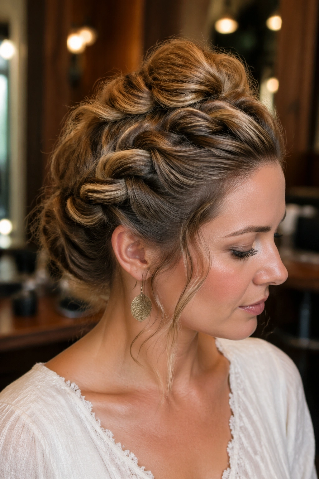 Close-up of real woman with shoulder-length waves in a twisted Mohawk updo