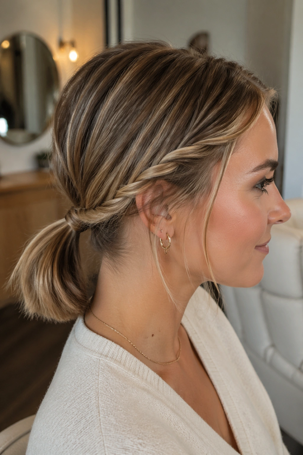 Close-up of a woman with twists at the temples leading to a low ponytail at the nape