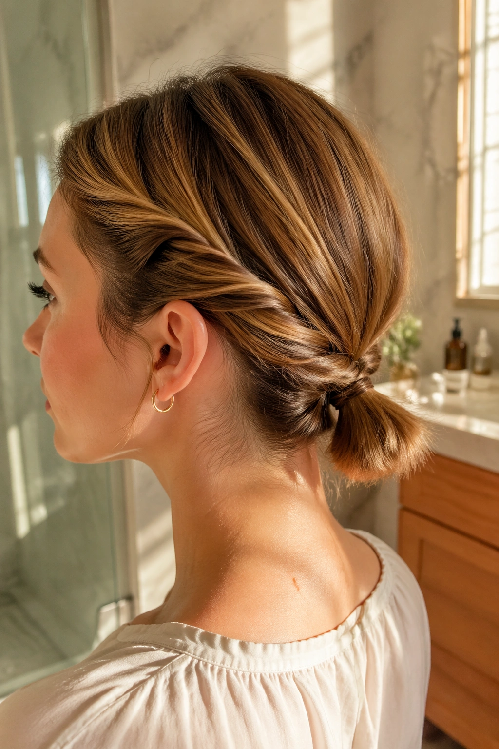 Real woman with twisted nape ponytail secured at the nape
