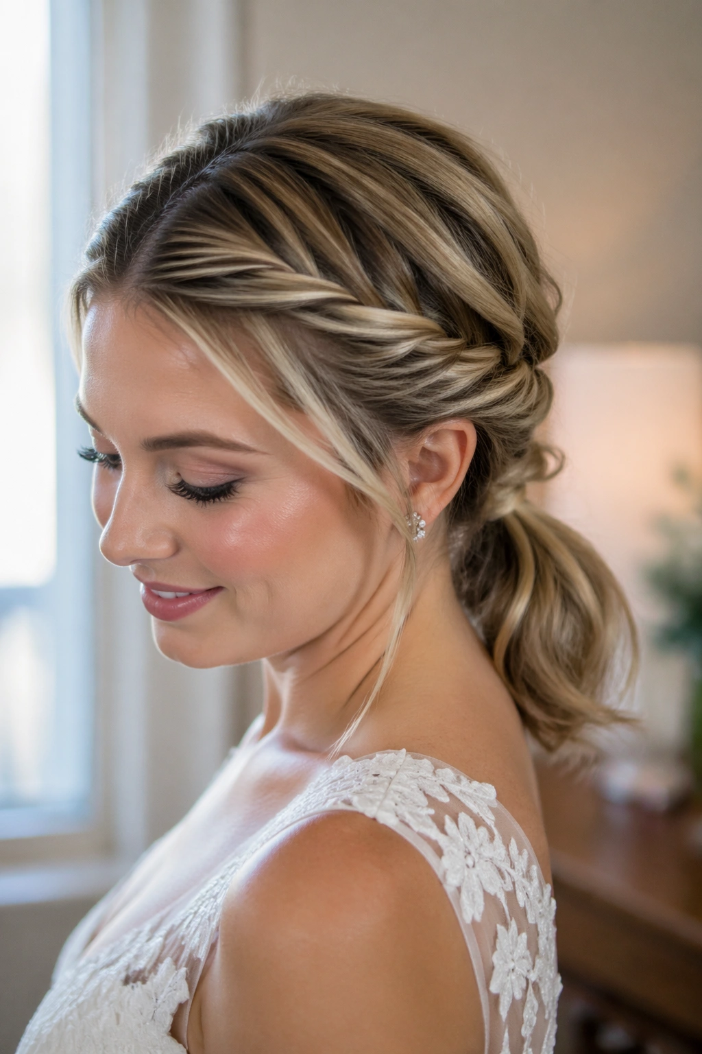 Close-up of a real bride wearing a soft twisted nape ponytail