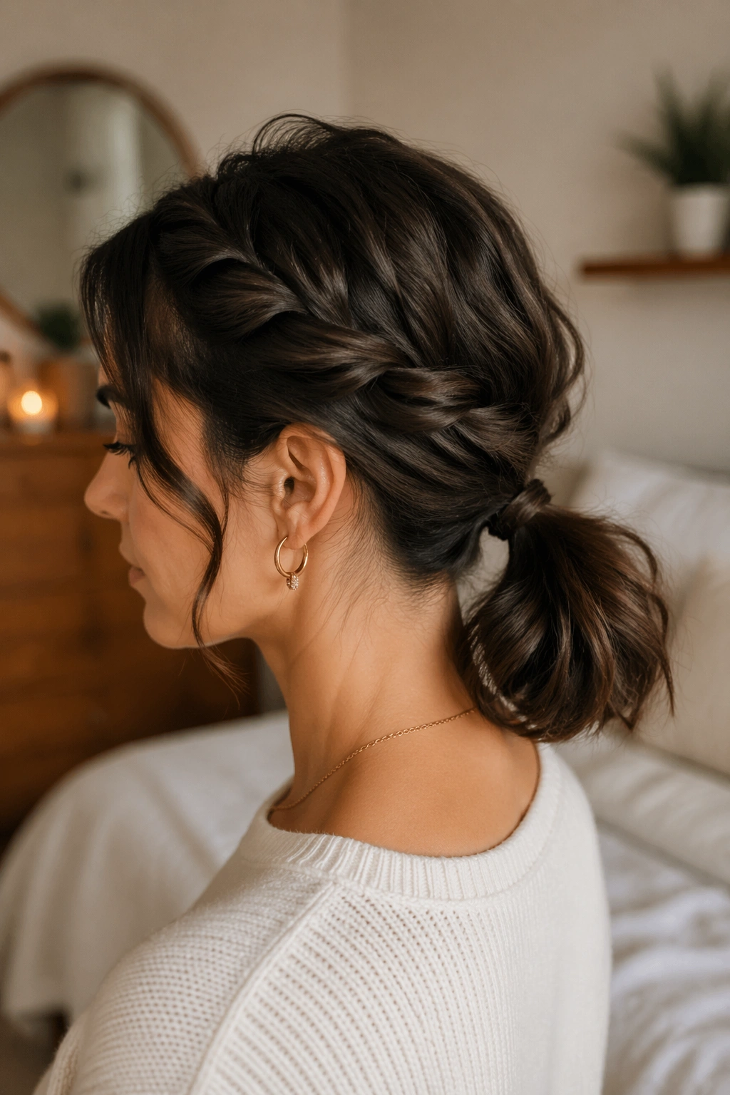 Portrait of a real woman with a twisted nape ponytail showing two front twists.