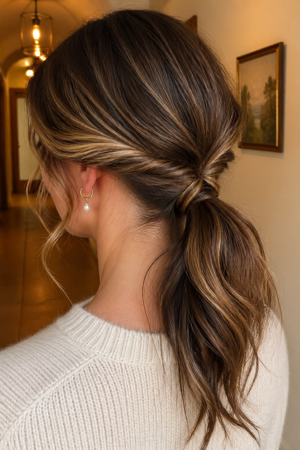 Portrait of real person with twisted nape ponytail in warm ambient light