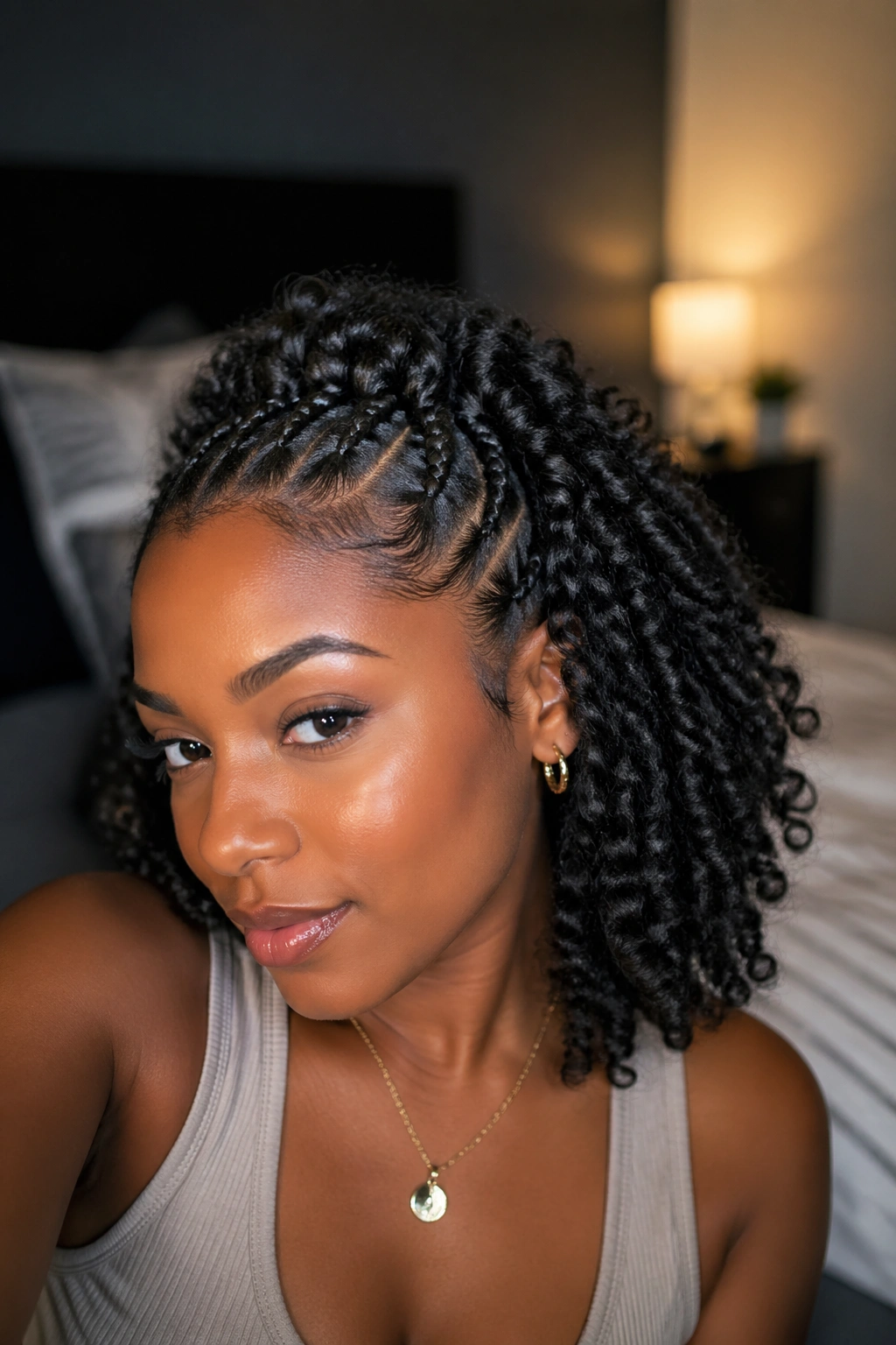 Close-up of a real woman with twist-out loose section under half cornrows