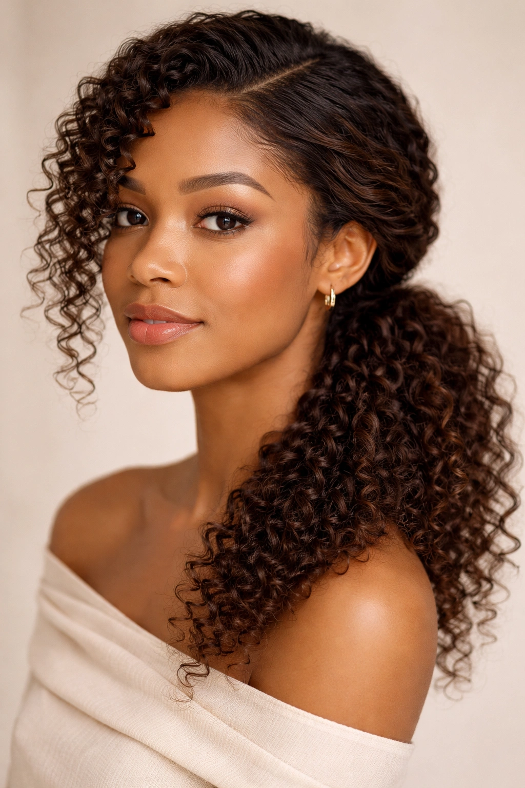 Twisted side-sweep ponytail on 3B hair with a soft front twist and low side ponytail