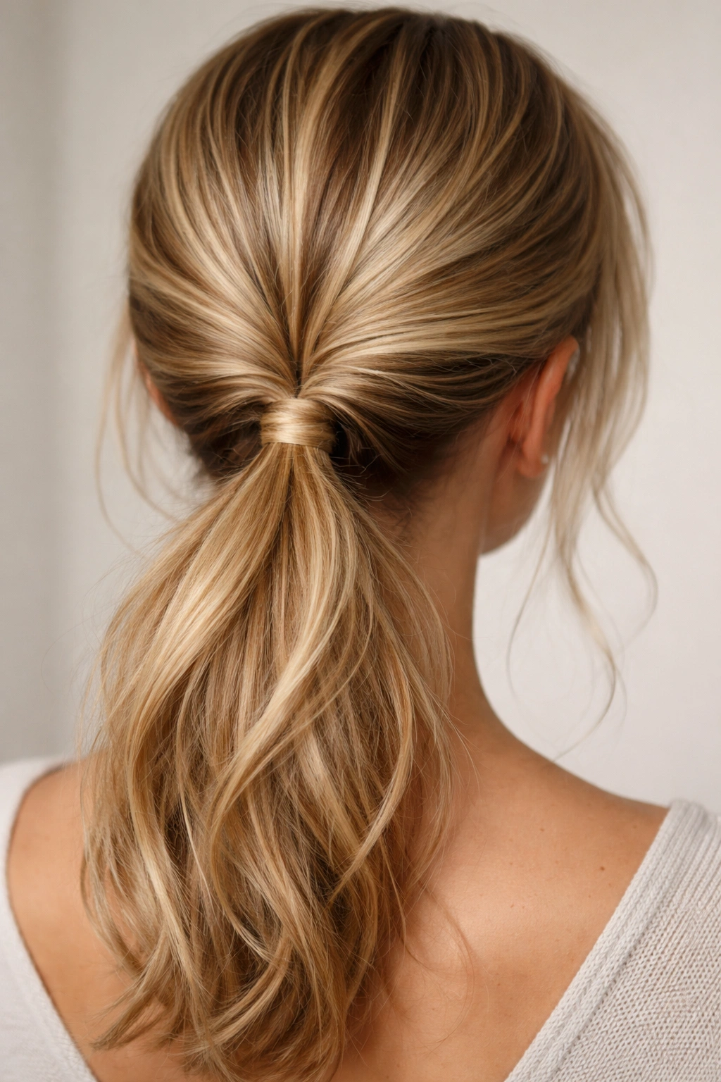 Back view of a ponytail with two twisted strands meeting at the base